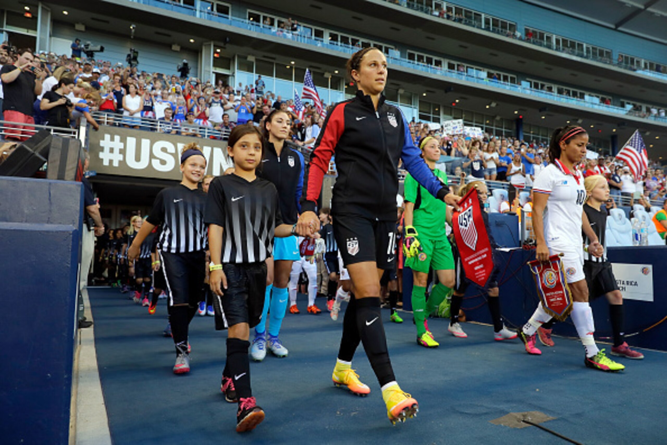 KANSAS CITY, KS - JULY 22: Team captains Carli Lloyd #10 of the United States and Shirley Cruz #10 of Costa Rica lead their teams onto the field ahead of the friendly match at Children's Mercy Park on July 22, 2016 in Kansas City, Kansas. (Photo by Jami KANSAS CITY, KS - JULY 22: Team captains Carli Lloyd #10 of the United States and Shirley Cruz #10 of Costa Rica lead their teams onto the field ahead of the friendly match at Children's Mercy Park on July 22, 2016 in Kansas City, Kansas. (Photo by Jami