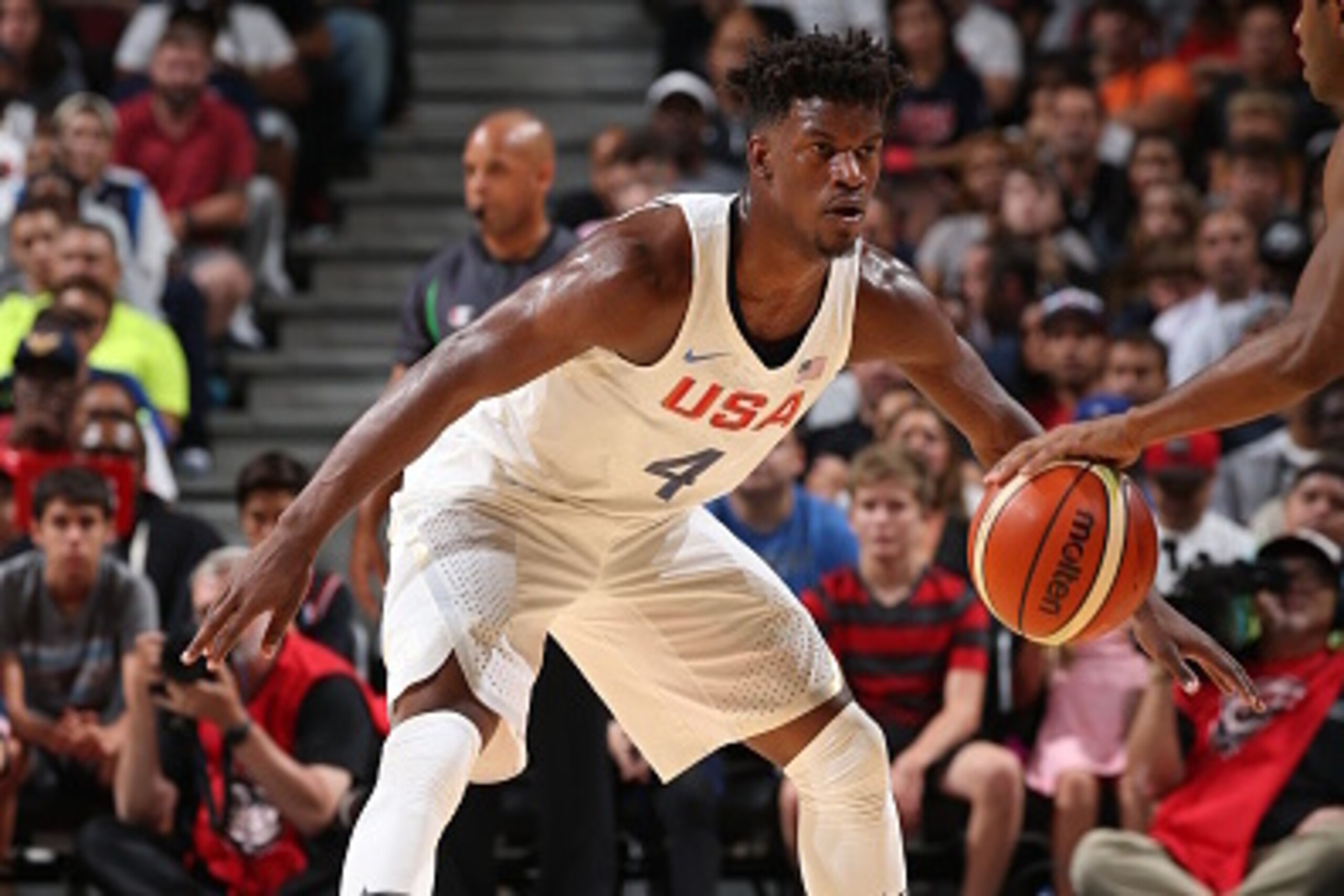 CHICAGO, IL - JULY 29: Jimmy Butler #4 of the USA Basketball Men's National Team plays defense against Venezuela  on July 29, 2016 at the United Center in Chicago, Illinois. NOTE TO USER: User expressly acknowledges and agrees that, by downloading and or 