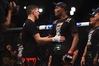 LAS VEGAS, NV - JANUARY 31:  (L-R) Nick Diaz and Anderson Silva speak after their middleweight bout during the UFC 183 event at the MGM Grand Garden Arena on January 31, 2015 in Las Vegas, Nevada.  (Photo by Jeff Bottari/Zuffa LLC/Zuffa LLC via Getty Imag