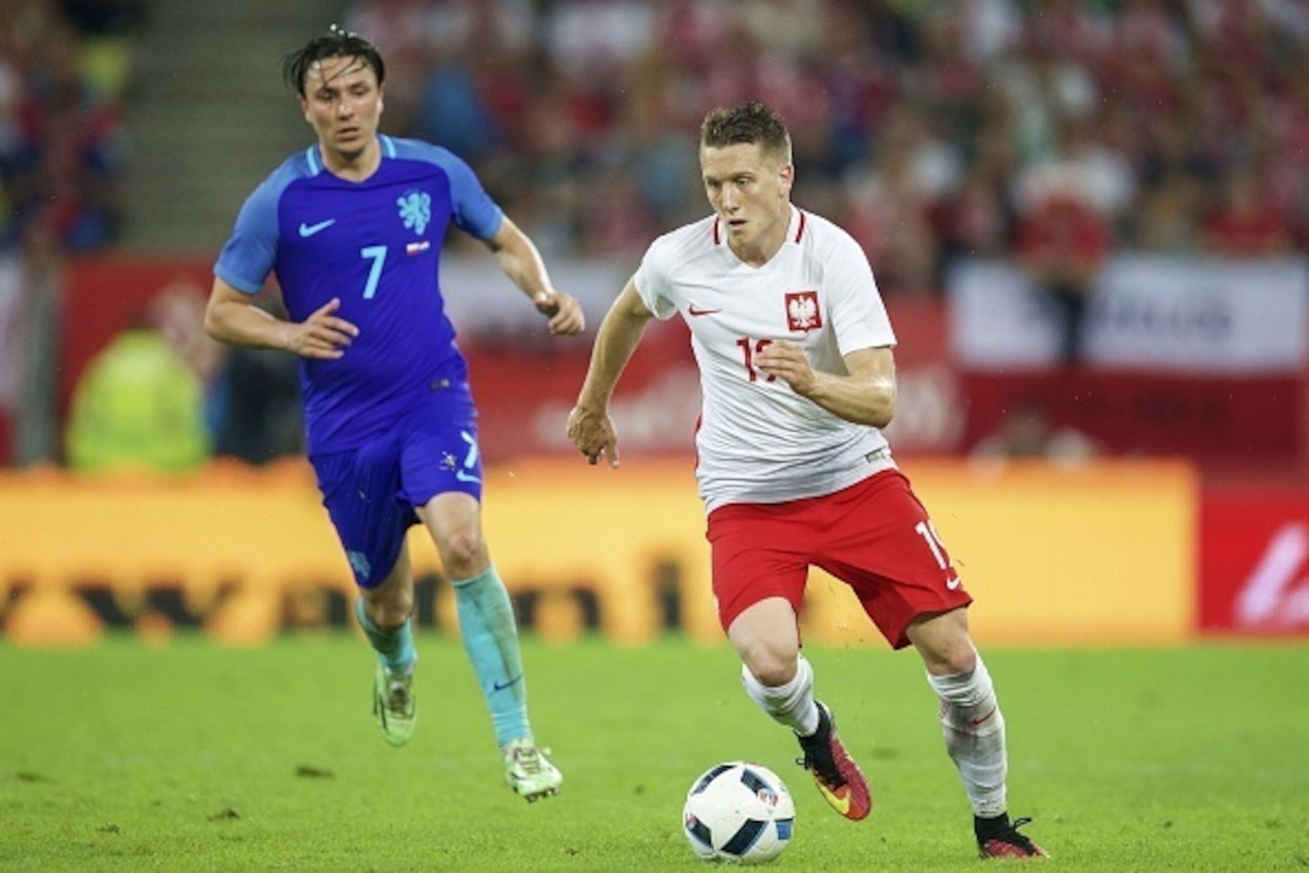 (L-R) Steven Berghuis of Holland, Piotr Zielinski of Poland during the International friendly match between Poland and Netherlands on June 1, 2016 at the Gdansk Arena in Gdansk, Poland.(Photo by VI Images via Getty Images)