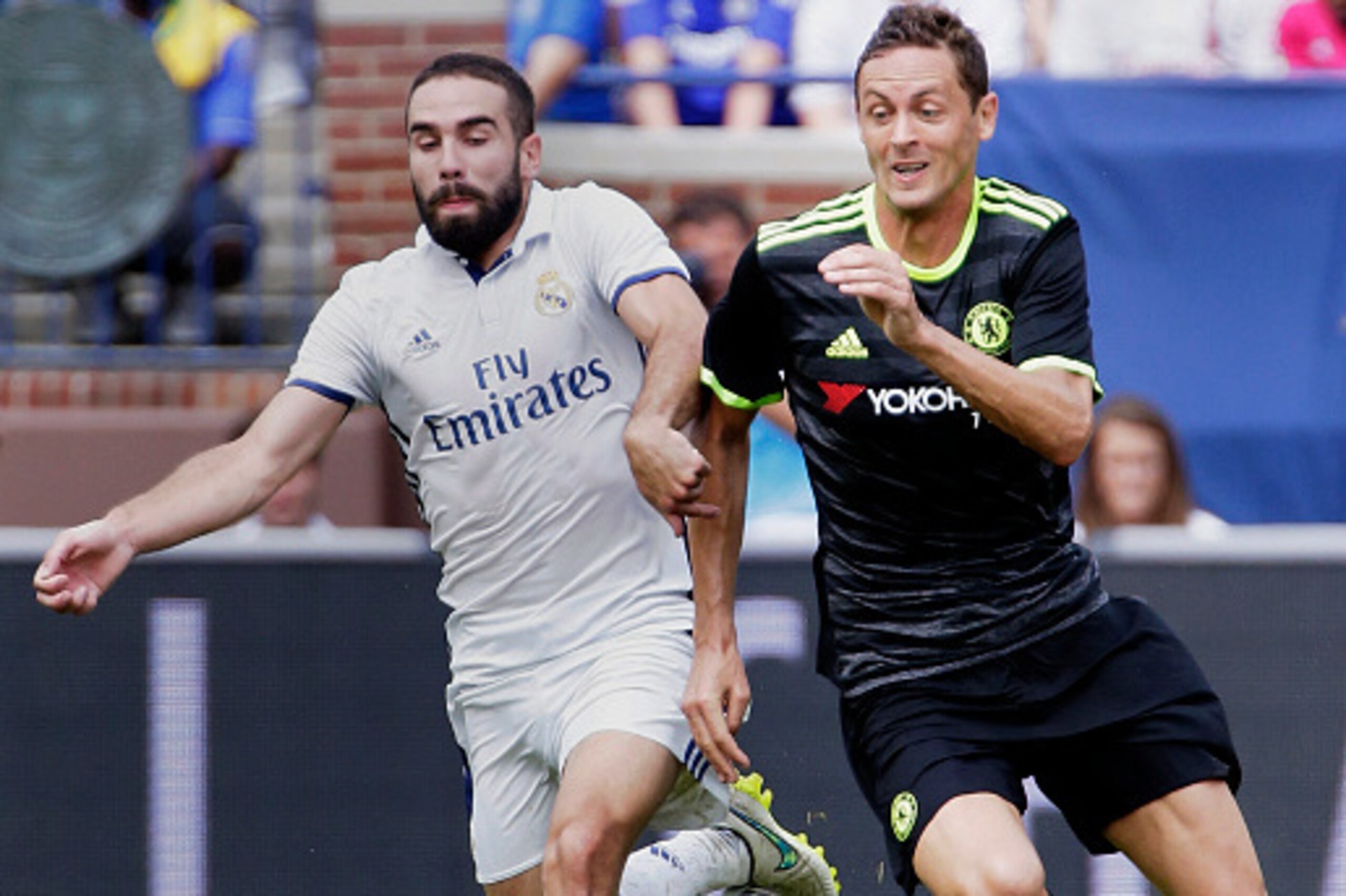 ANN ARBOR, MI - JULY 30:  Jose Fernandez #6 of Real Madridtries to pull Nemanja Matic #21 of Chelsea off the ball during the first half at Michigan Stadium on July 30, 2016 in Ann Arbor, Michigan. (Photo by Duane Burleson/Getty Images)