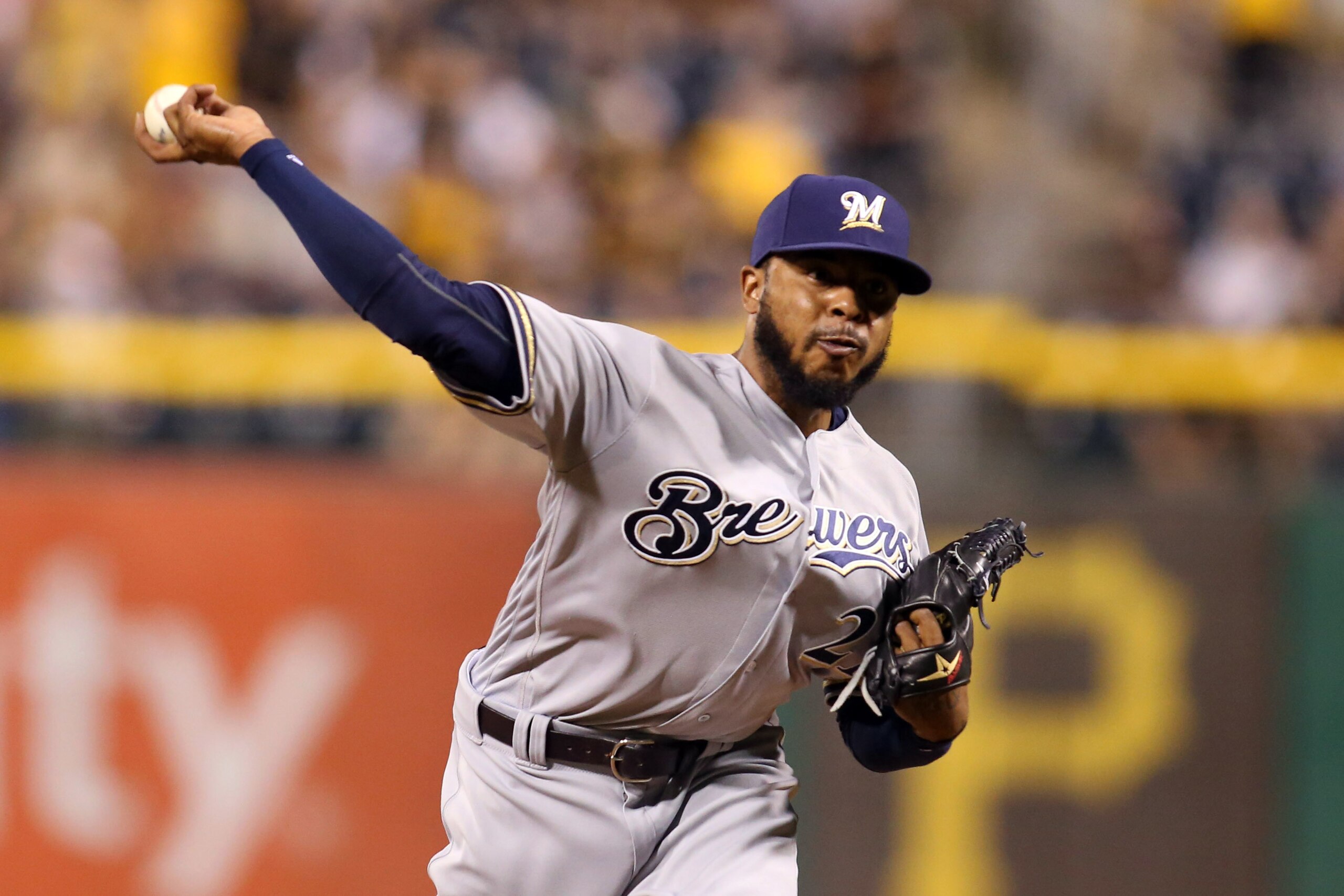 Jul 20, 2016; Pittsburgh, PA, USA; Milwaukee Brewers relief pitcher Jeremy Jeffress (21) pitches against the Pittsburgh Pirates during the ninth inning at PNC Park. Milwaukee won 9-5. Mandatory Credit: Charles LeClaire-USA TODAY Sports