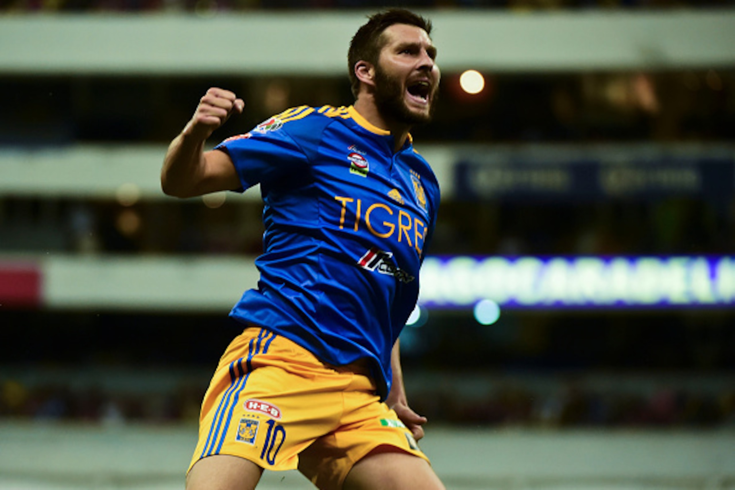 Andre Gignac of Tigres celebrates his goal against America, during their Mexican Apertura 2016 tournament football match, at the Azteca stadium, on July 30, 2016, in Mexico City.  / AFP / RONALDO SCHEMIDT        (Photo credit should read RONALDO SCHEMIDT/