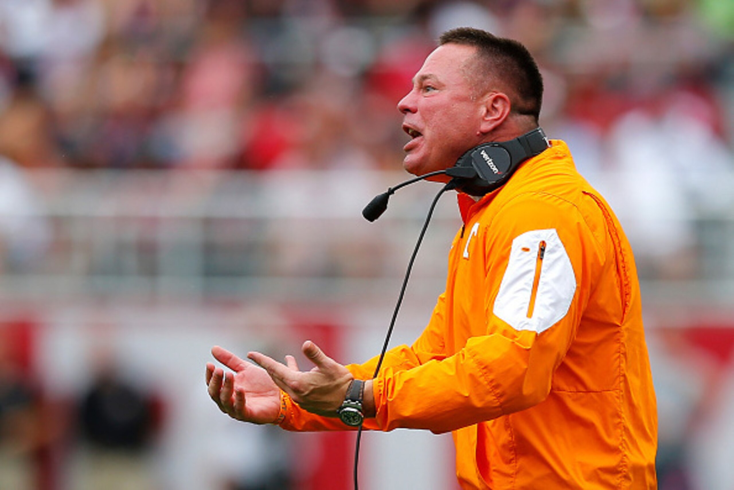 TUSCALOOSA, AL - OCTOBER 24:  Head coach Butch Jones of the Tennessee Volunteers reacts to a call during the game against the Alabama Crimson Tide at Bryant-Denny Stadium on October 24, 2015 in Tuscaloosa, Alabama.  (Photo by Kevin C. Cox/Getty Images)