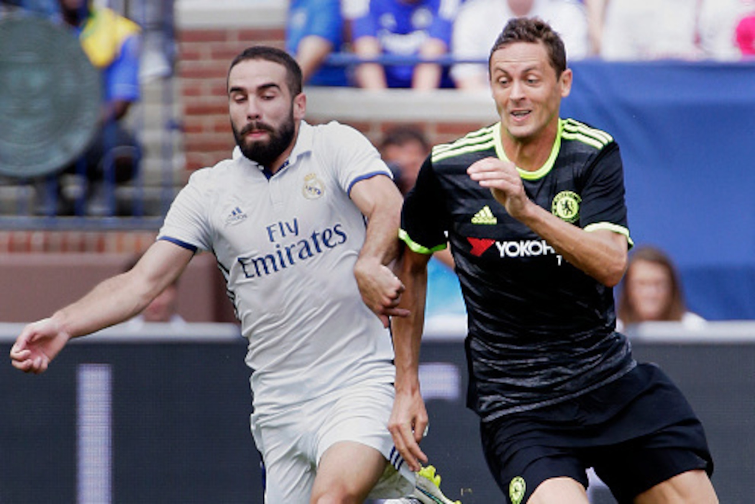 ANN ARBOR, MI - JULY 30:  Jose Fernandez #6 of Real Madridtries to pull Nemanja Matic #21 of Chelsea off the ball during the first half at Michigan Stadium on July 30, 2016 in Ann Arbor, Michigan. (Photo by Duane Burleson/Getty Images)