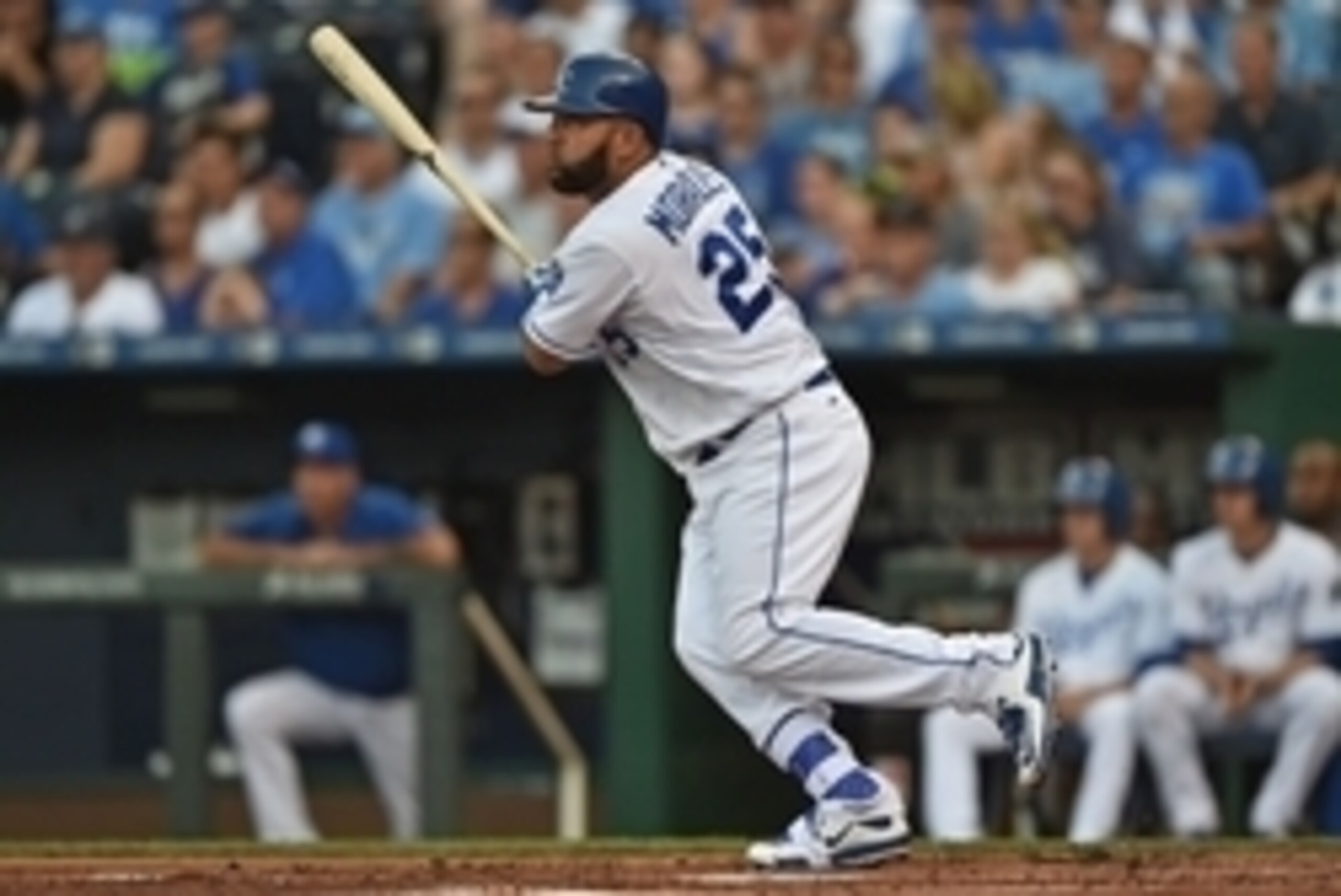 Jul 19, 2016; Kansas City, MO, USA; Kansas City Royals designated hitter Kendrys Morales (25) at bat against the Cleveland Indians during the first inning at Kauffman Stadium. Mandatory Credit: Peter G. Aiken-USA TODAY Sports