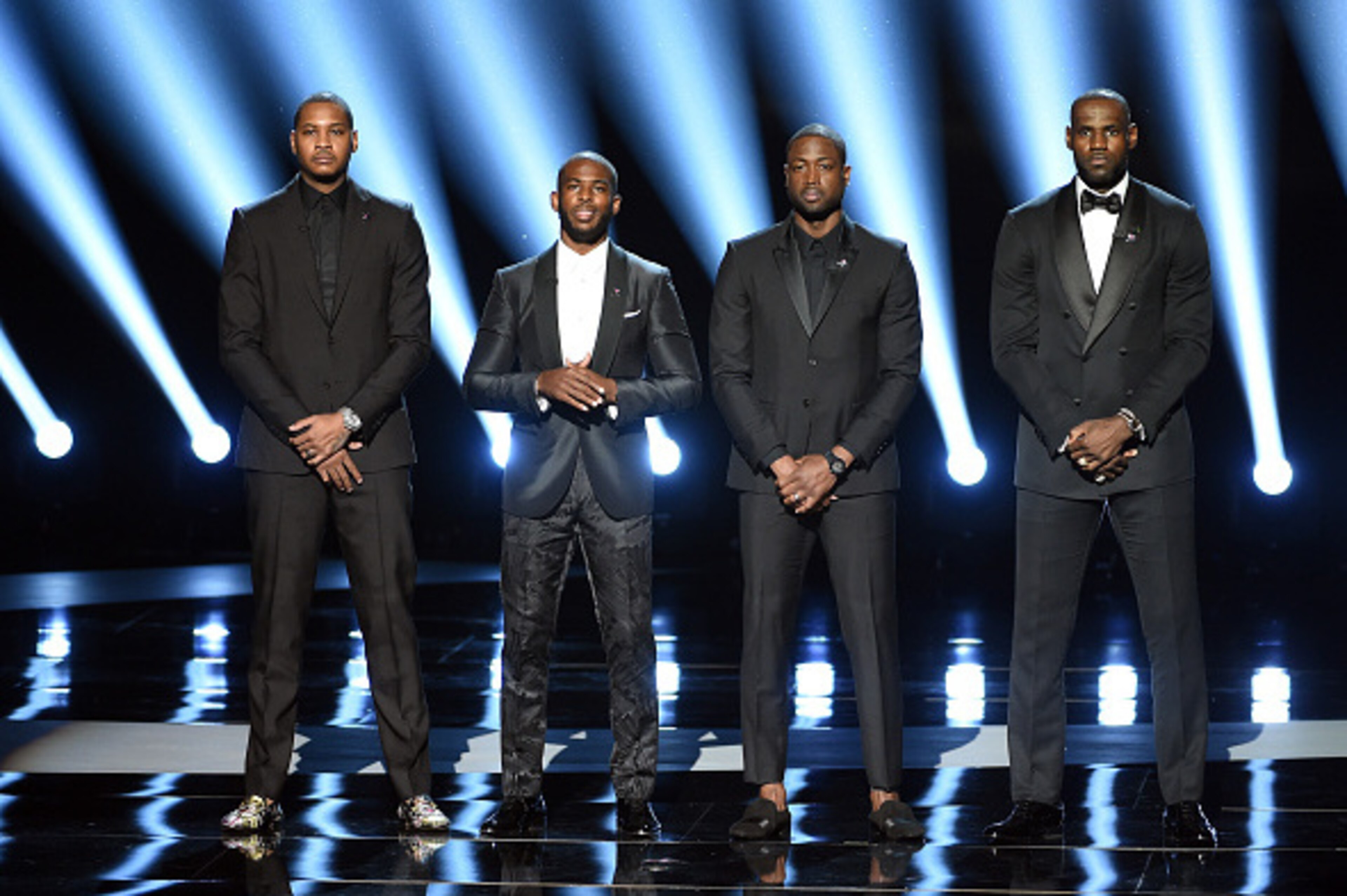 LOS ANGELES, CA - JULY 13: (L-R) NBA players Carmelo Anthony, Chris Paul, Dwyane Wade and LeBron James speak onstage during the 2016 ESPYS at Microsoft Theater on July 13, 2016 in Los Angeles, California.  (Photo by Kevin Winter/Getty Images)