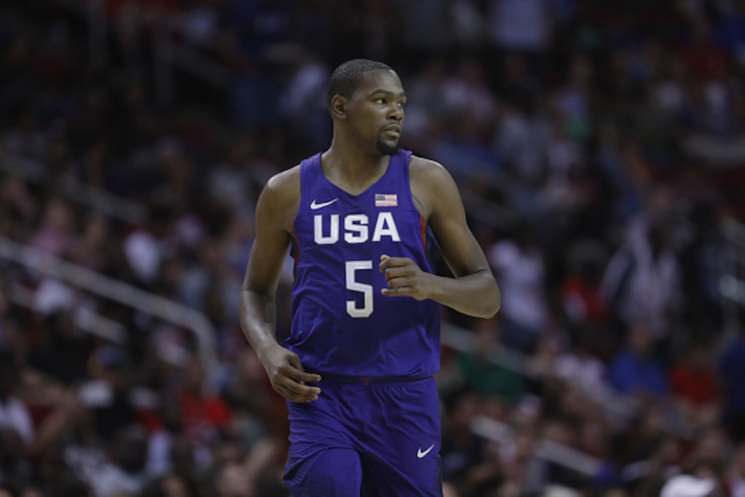 HOUSTON, TX - AUGUST 01:  Kevin Durant #5 of the United States during USA Basketball Showcase at Toyota Center on August 1, 2016 in Houston, Texas.  (Photo by Ronald Martinez/Getty Images)