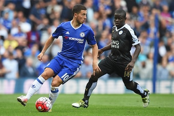 LONDON, ENGLAND - MAY 15: Eden Hazard of Chelsea is closed down by Ngolo Kante of Leicester City  during the Barclays Premier League match between Chelsea and Leicester City at Stamford Bridge on May 15, 2016 in London, England.  (Photo by Michael Regan/G