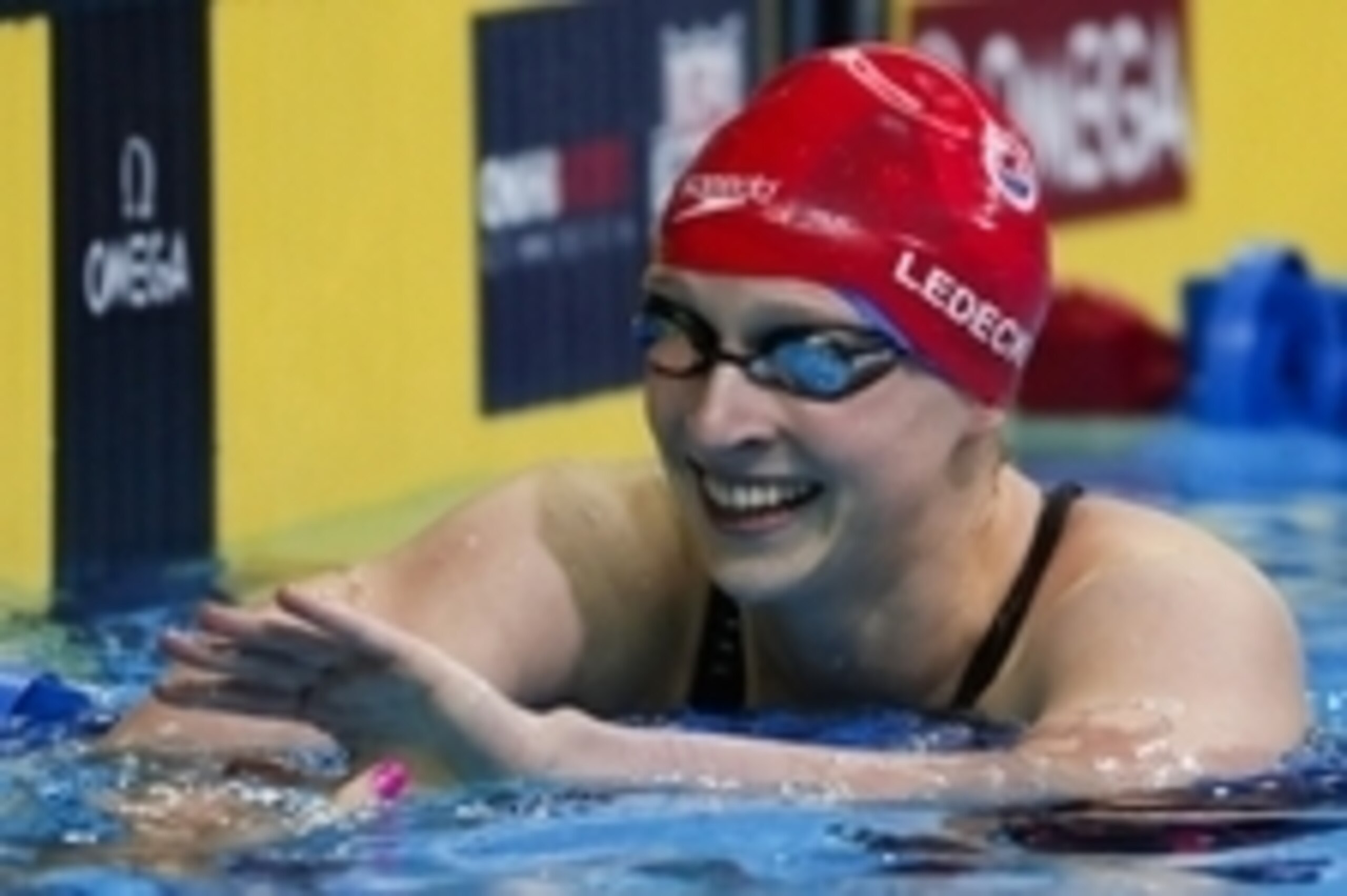 Jun 29, 2016; Omaha, NE, USA; Katie Ledecky reacts after the finals for the women's 200 meter butterfly in the U.S. Olympic swimming team trials at CenturyLink Center. Mandatory Credit: Erich Schlegel-USA TODAY Sports