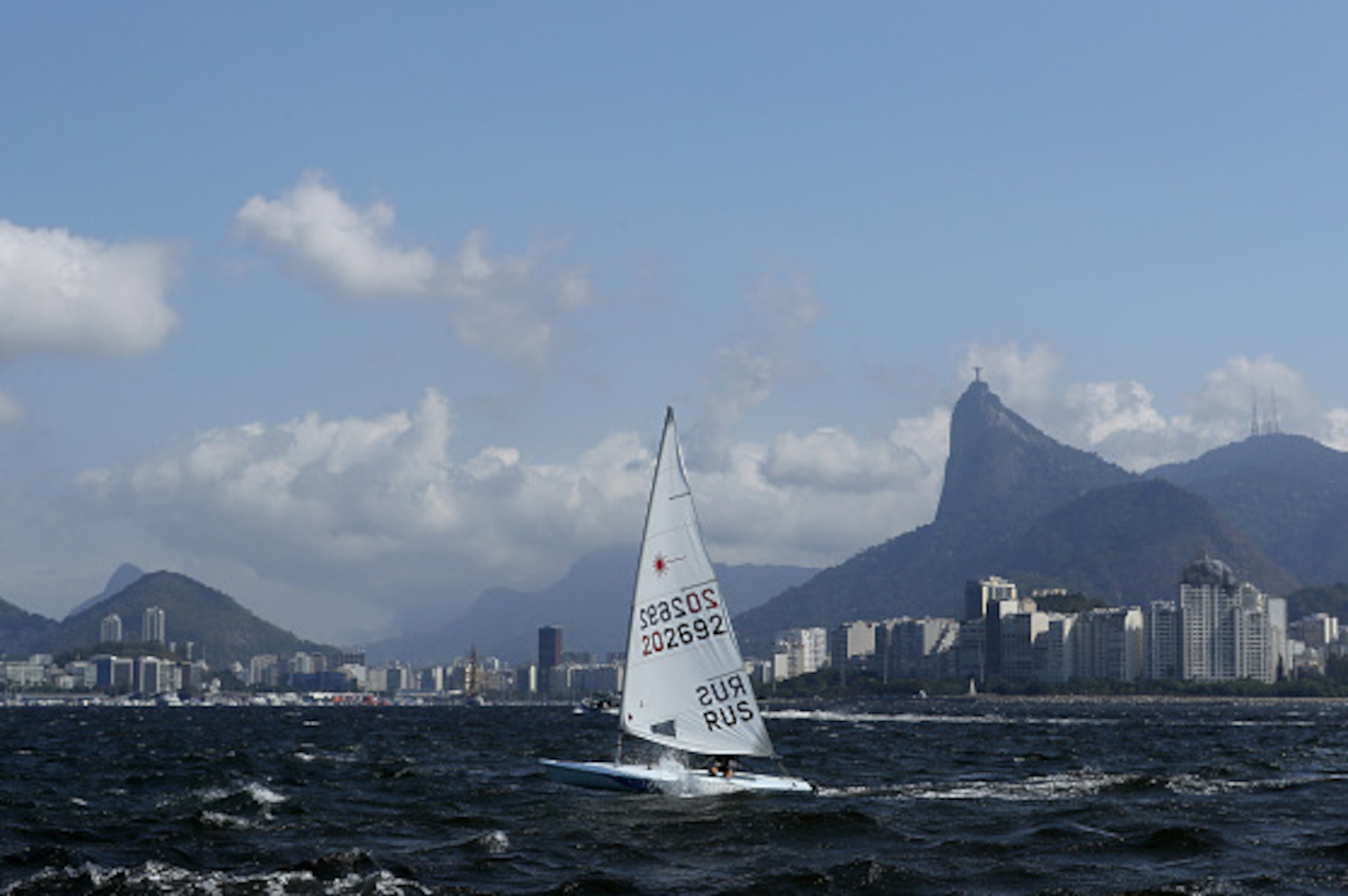 RIO DE JANEIRO, BRAZIL - AUGUST 02:  A Russian athlete in action in the Laser class during training ahead of the Rio 2016 Olympic Games at the Marina da Gloria on August 2, 2016 in Rio de Janeiro, Brazil.  (Photo by Ezra Shaw/Getty Images)