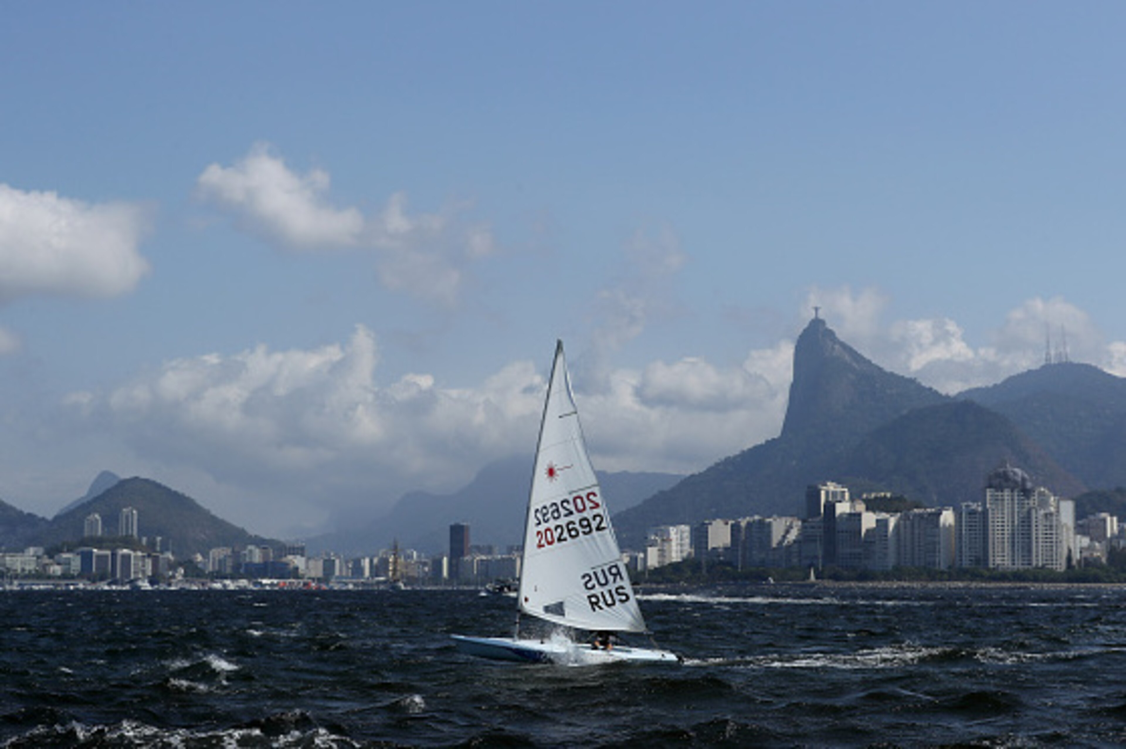 RIO DE JANEIRO, BRAZIL - AUGUST 02:  A Russian athlete in action in the Laser class during training ahead of the Rio 2016 Olympic Games at the Marina da Gloria on August 2, 2016 in Rio de Janeiro, Brazil.  (Photo by Ezra Shaw/Getty Images)