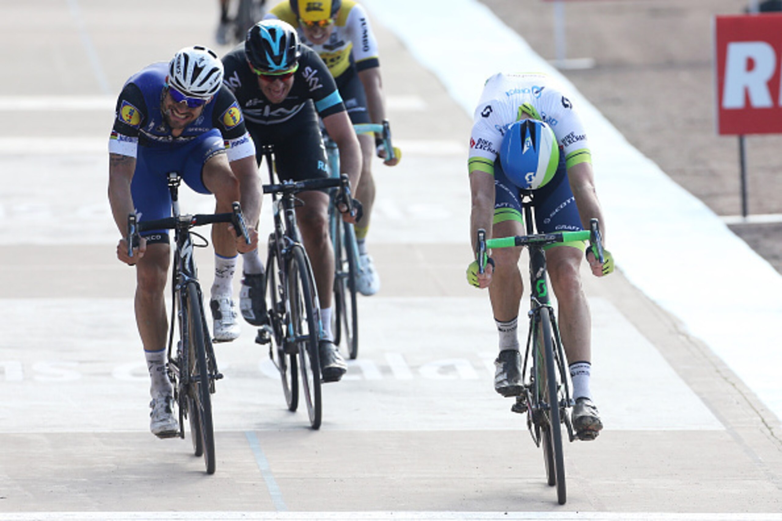 ROUBAIX, FRANCE - APRIL 10: Mathew Hayman of Australia and Orica GreenEDGE wins in front of Tom Boonen of Belgium and Ettxx-Quick Step and Ian Stannard of Great Britain and Team Sky Paris-Roubaix 2016 cycling race at Velodrome of Roubaix on April 10, 2016