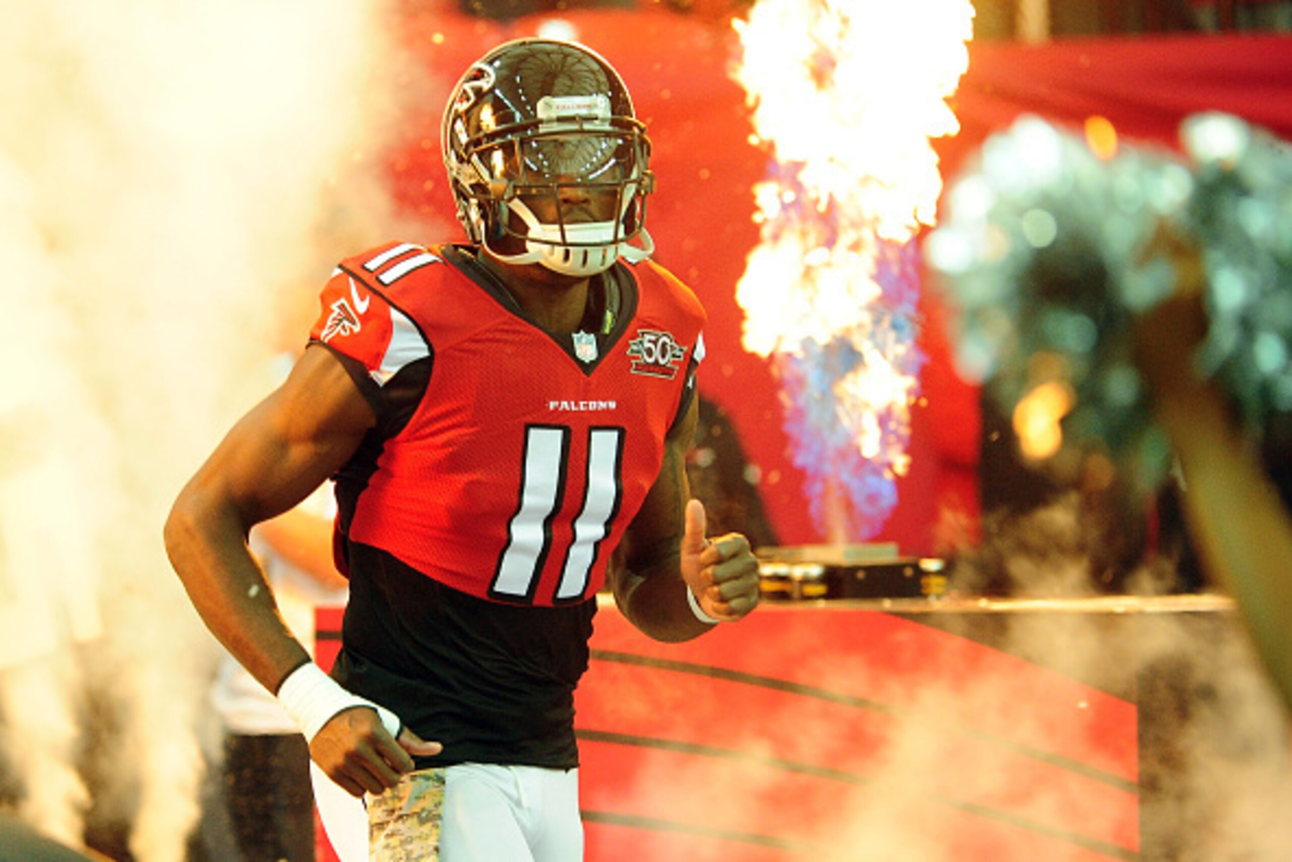 ATLANTA, GA - NOVEMBER 22:  Julio Jones #11 of the Atlanta Falcons is introduced prior to the game against the Indianapolis Colts at the Georgia Dome on November 22, 2015 in Atlanta, Georgia.  (Photo by Scott Cunningham/Getty Images)