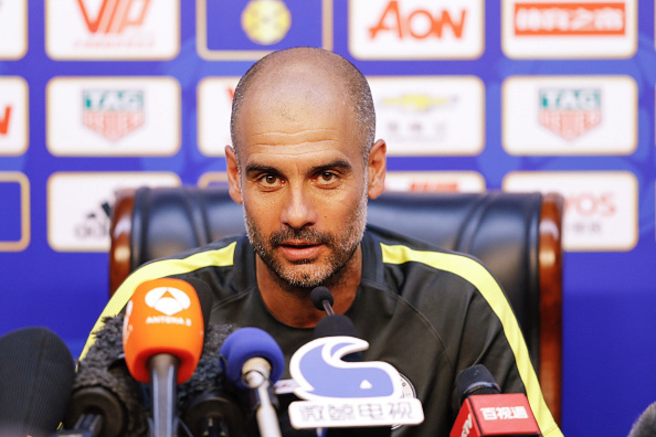 BEIJING, CHINA - JULY 24:  Manchester City's manager Pep Guardiola attends a press conference for 2016 International Champions Cup match between Manchester City and Manchester United at Olympic Sports Center Stadium on July 24, 2016 in Beijing, China.  (P
