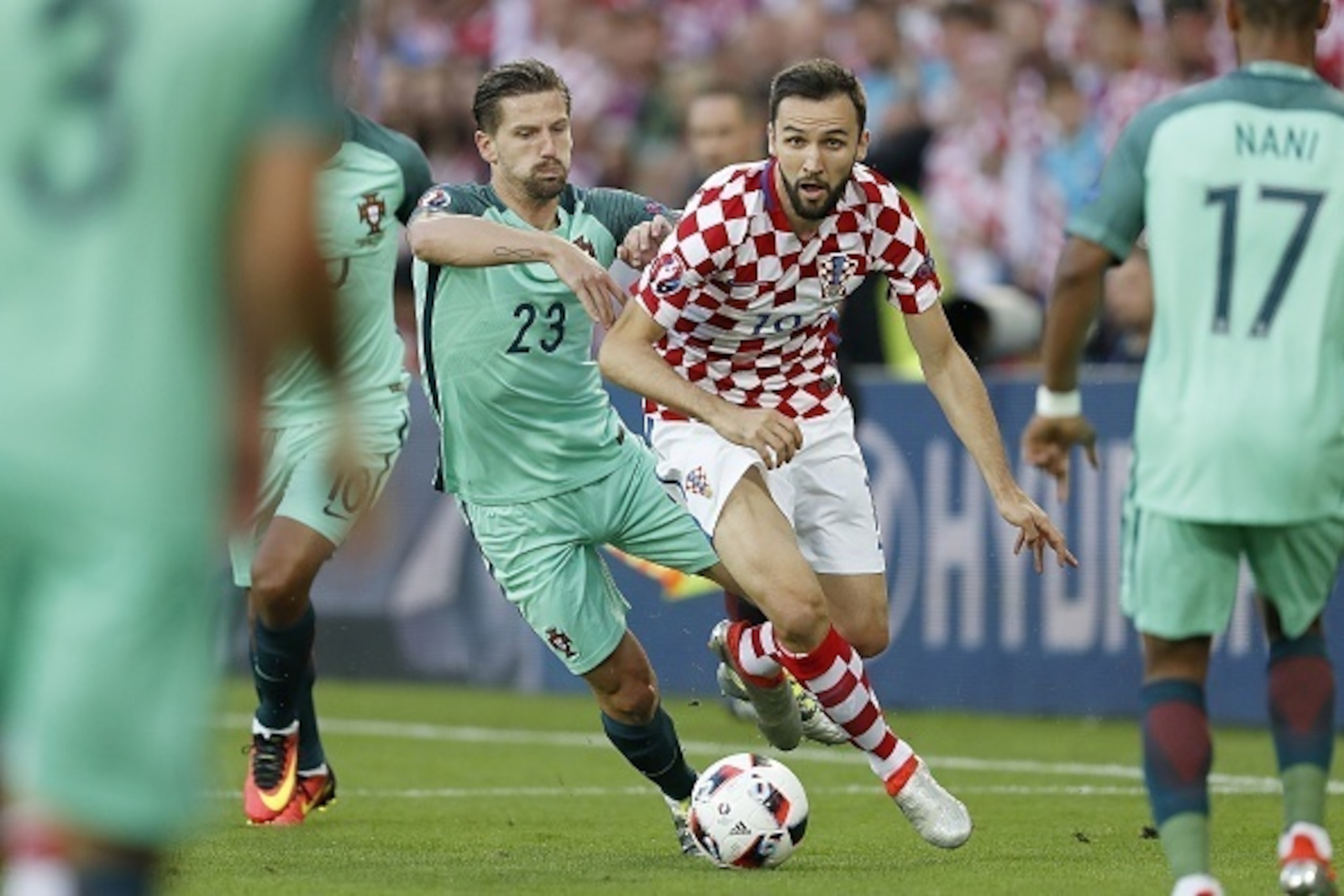 (L-R) Adrien Silva of Portugal, Milan Badelj of Croatia during the UEFA Euro 2016 round of 16 match between Croatia and Portugal on June 25, 2016 at the stade Bollaert-Delelis in Lens, France.(Photo by VI Images via Getty Images)