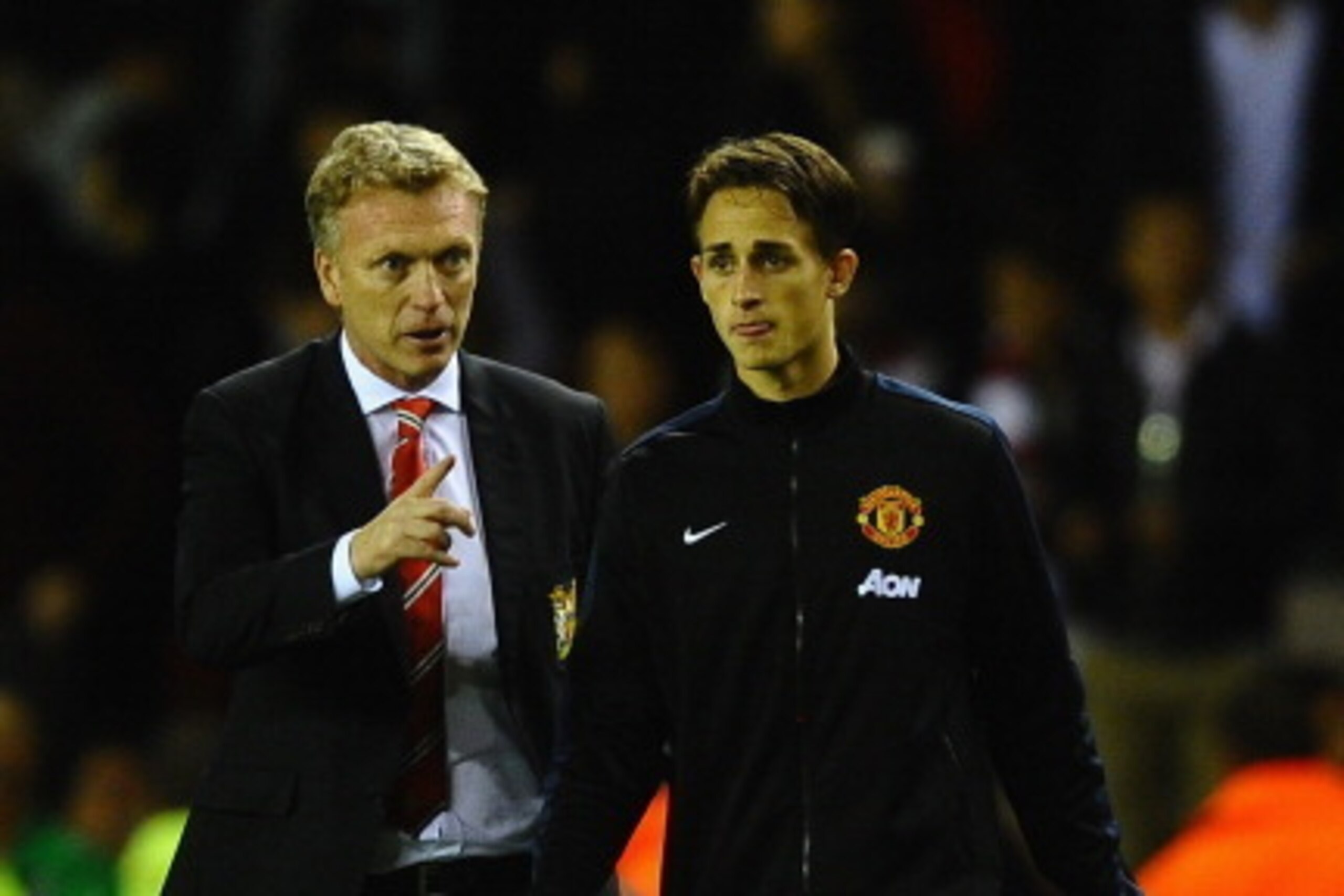 SUNDERLAND, ENGLAND - OCTOBER 05:  David Moyes of Manchester United talks with Adnan Januzaj after victory in the Barclays Premier League match between Sunderland and Manchester United at Stadium of Light on October 5, 2013 in Sunderland, England.  (Photo