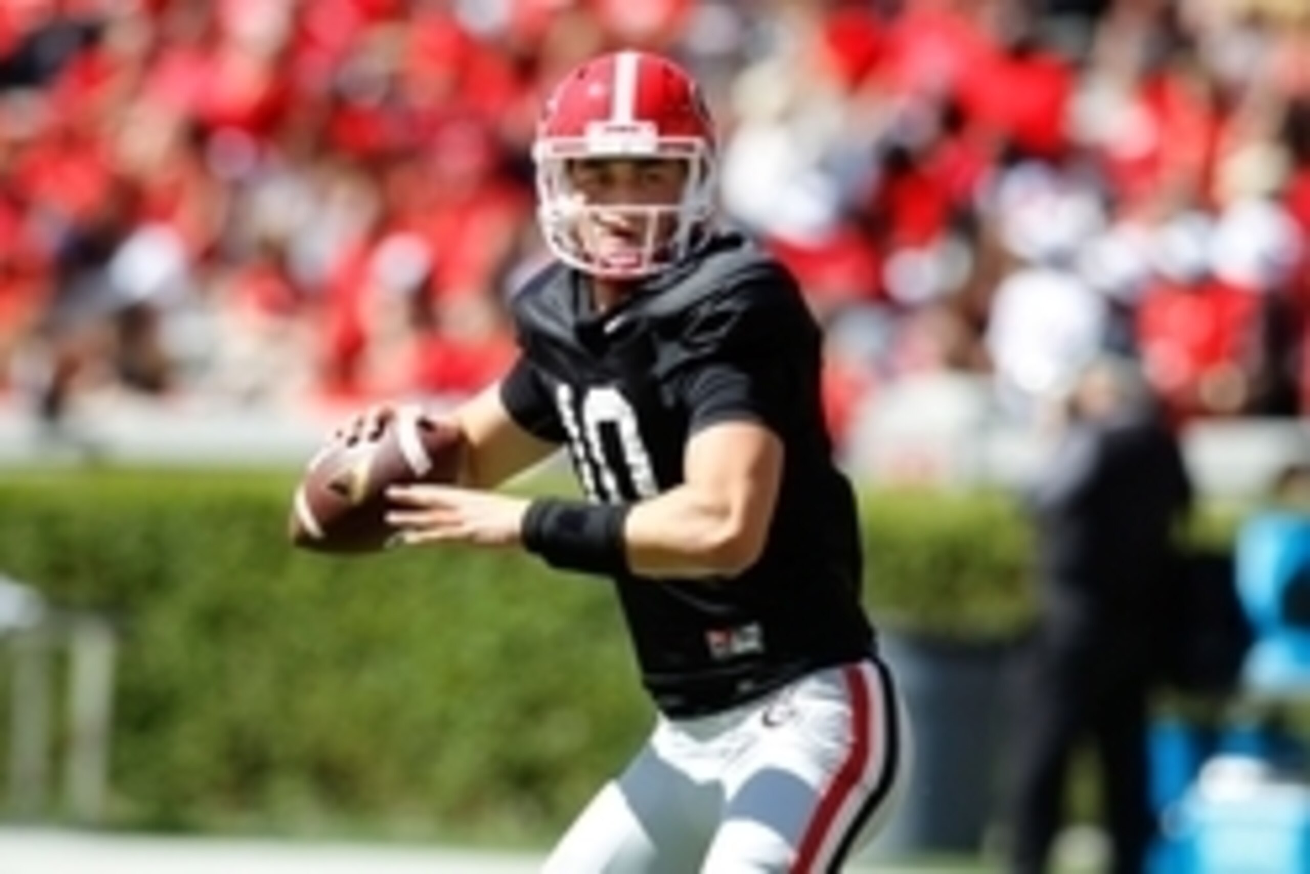 Apr 16, 2016; Athens, GA, USA; Georgia Bulldogs quarterback Jacob Eason (10) throws before the spring game at Sanford Stadium. Mandatory Credit: Brett Davis-USA TODAY Sports