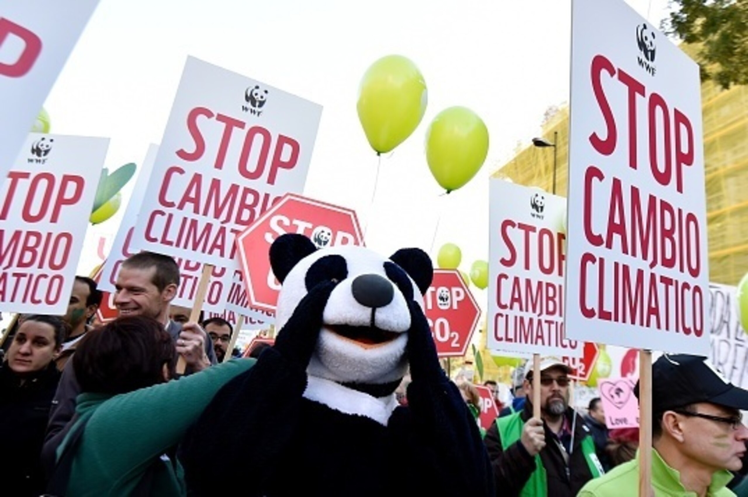 A person dressed up as a panda bear takes part in the 'Global Climate March' on November 29, 2015 in Madrid, called by environmental NGOs on the eve of the official opening of an 195-nation UN climate summit in Paris. About 10,000 people, many holding gre