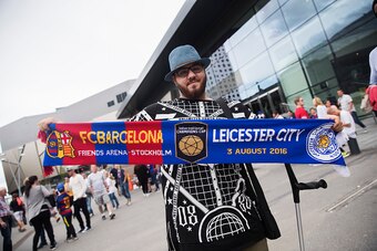SOLNA, SWEDEN - AUGUST 03: A supporter of Leicester City ahead of the Pre-Season Friendly between Leicester City FC and FC Barcelona at Friends arena on August 3, 2016 in Solna, Sweden. (Photo by Nils Petter Nilsson/Ombrello/Getty Images)