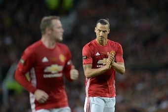 Manchester United's Swedish striker Zlatan Ibrahimovic reacts during the friendly Wayne Rooney testimonial football match between Manchester United and Everton at Old Trafford in Manchester, northwest England, on August 3, 2016.  / AFP / OLI SCARFF       