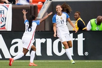 CLEVELAND, OH - JUNE 5: Crystal Dunn #16 celebrates with Alex Morgan #13 after Morgan of the U.S. Women's National Team scored with an assist by Dunn during the second half of a friendly match against Japan on June 5, 2016 at FirstEnergy Stadium in Clevel