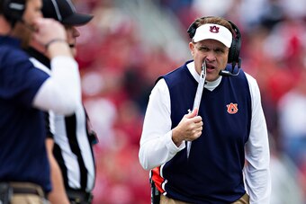 FAYETTEVILLE, AR - OCTOBER 24:  Head Coach Gus Malzahn of the Auburn Tigers on the sidelines of the first half of a game against the Arkansas Razorbacks at Razorback Stadium Stadium on October 24, 2015 in Fayetteville, Arkansas.  (Photo by Wesley Hitt/Get