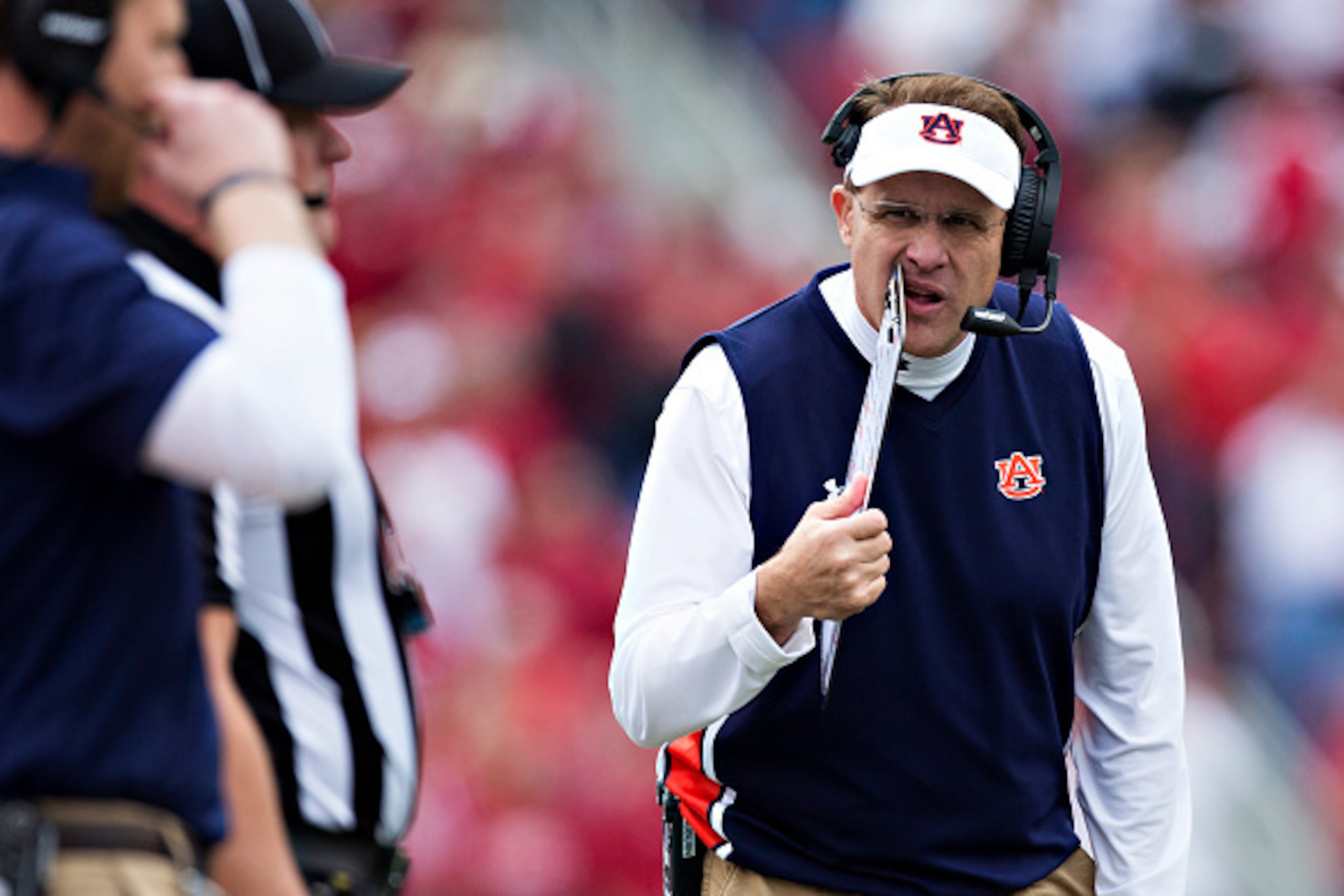 FAYETTEVILLE, AR - OCTOBER 24:  Head Coach Gus Malzahn of the Auburn Tigers on the sidelines of the first half of a game against the Arkansas Razorbacks at Razorback Stadium Stadium on October 24, 2015 in Fayetteville, Arkansas.  (Photo by Wesley Hitt/Get
