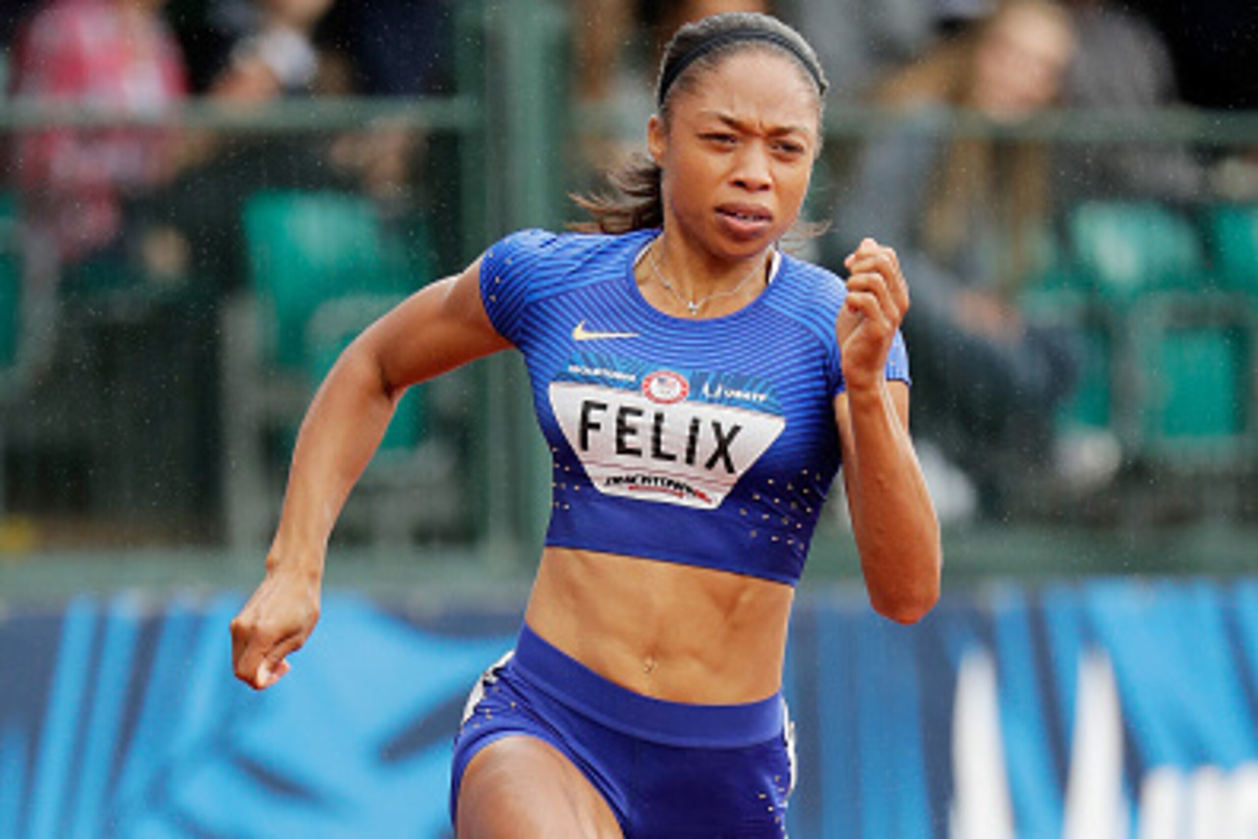 EUGENE, OR - JULY 08:  Allyson Felix competes in the first round of the Women's 200 Meter during the 2016 U.S. Olympic Track & Field Team Trials at Hayward Field on July 8, 2016 in Eugene, Oregon.  (Photo by Andy Lyons/Getty Images)