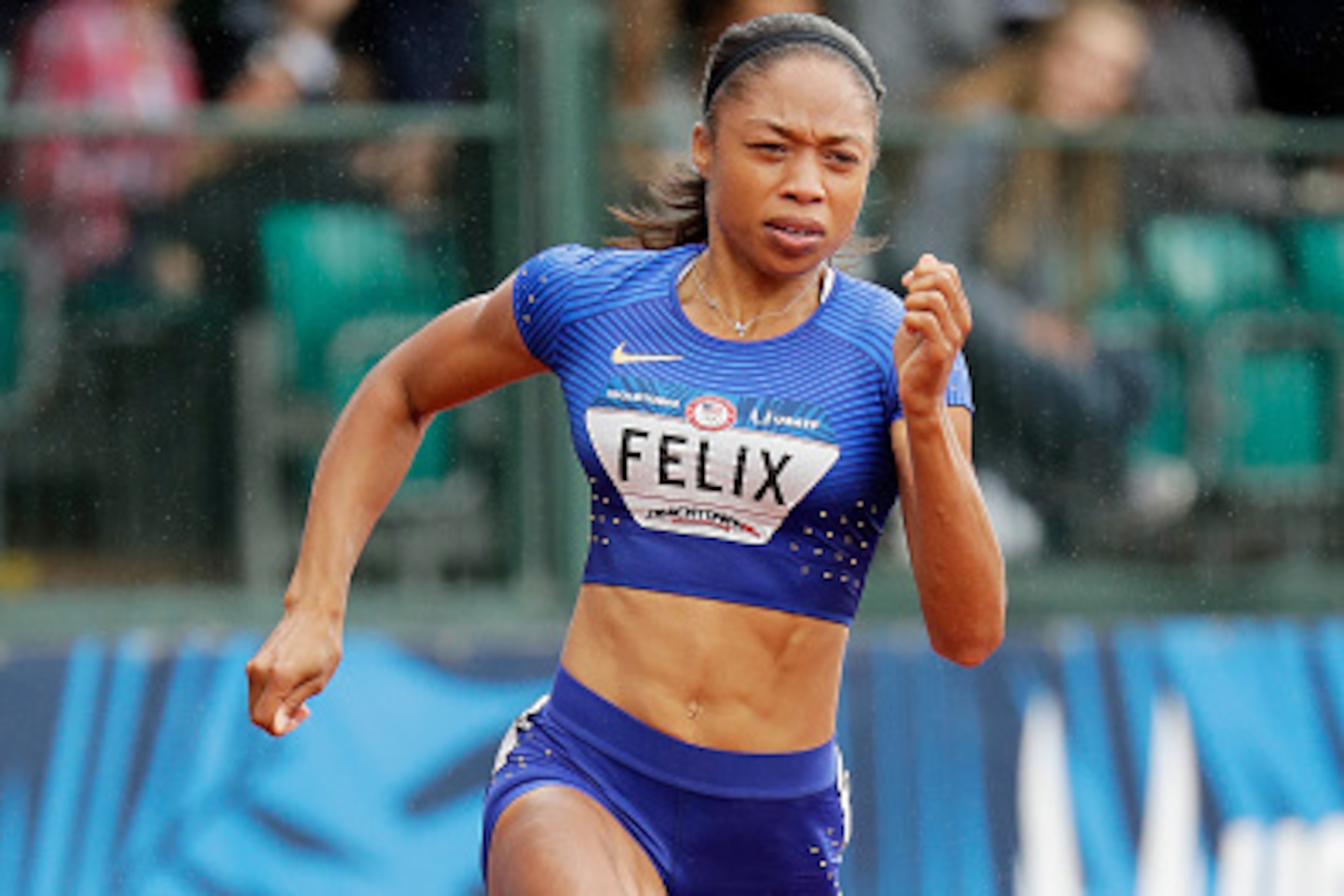 EUGENE, OR - JULY 08: Allyson Felix competes in the first round of the Women's 200 Meter during the 2016 U.S. Olympic Track & Field Team Trials at Hayward Field on July 8, 2016 in Eugene, Oregon. (Photo by Andy Lyons/Getty Images) EUGENE, OR - JULY 08: Allyson Felix competes in the first round of the Women's 200 Meter during the 2016 U.S. Olympic Track & Field Team Trials at Hayward Field on July 8, 2016 in Eugene, Oregon. (Photo by Andy Lyons/Getty Images)