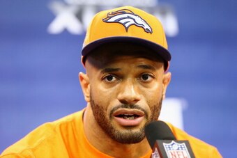 NEWARK, NJ - JANUARY 28:  Middle linebacker Paris Lenon #51 of the Denver Broncos of the Denver Broncos talks with the media during Super Bowl XLVIII Media Day at the Prudential Center on January 28, 2014 in Newark, New Jersey. Super Bowl XLVIII will be p