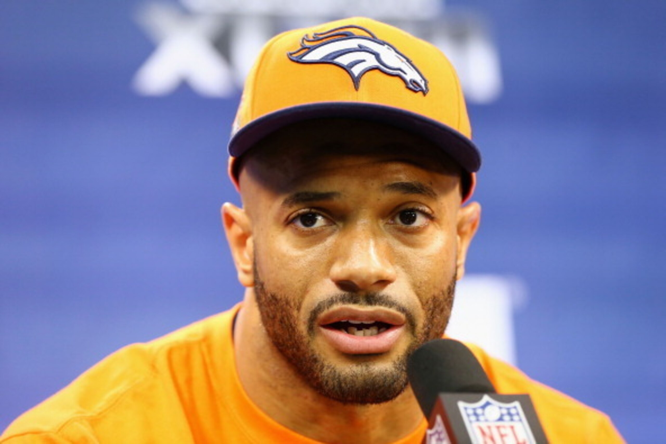 NEWARK, NJ - JANUARY 28:  Middle linebacker Paris Lenon #51 of the Denver Broncos of the Denver Broncos talks with the media during Super Bowl XLVIII Media Day at the Prudential Center on January 28, 2014 in Newark, New Jersey. Super Bowl XLVIII will be p