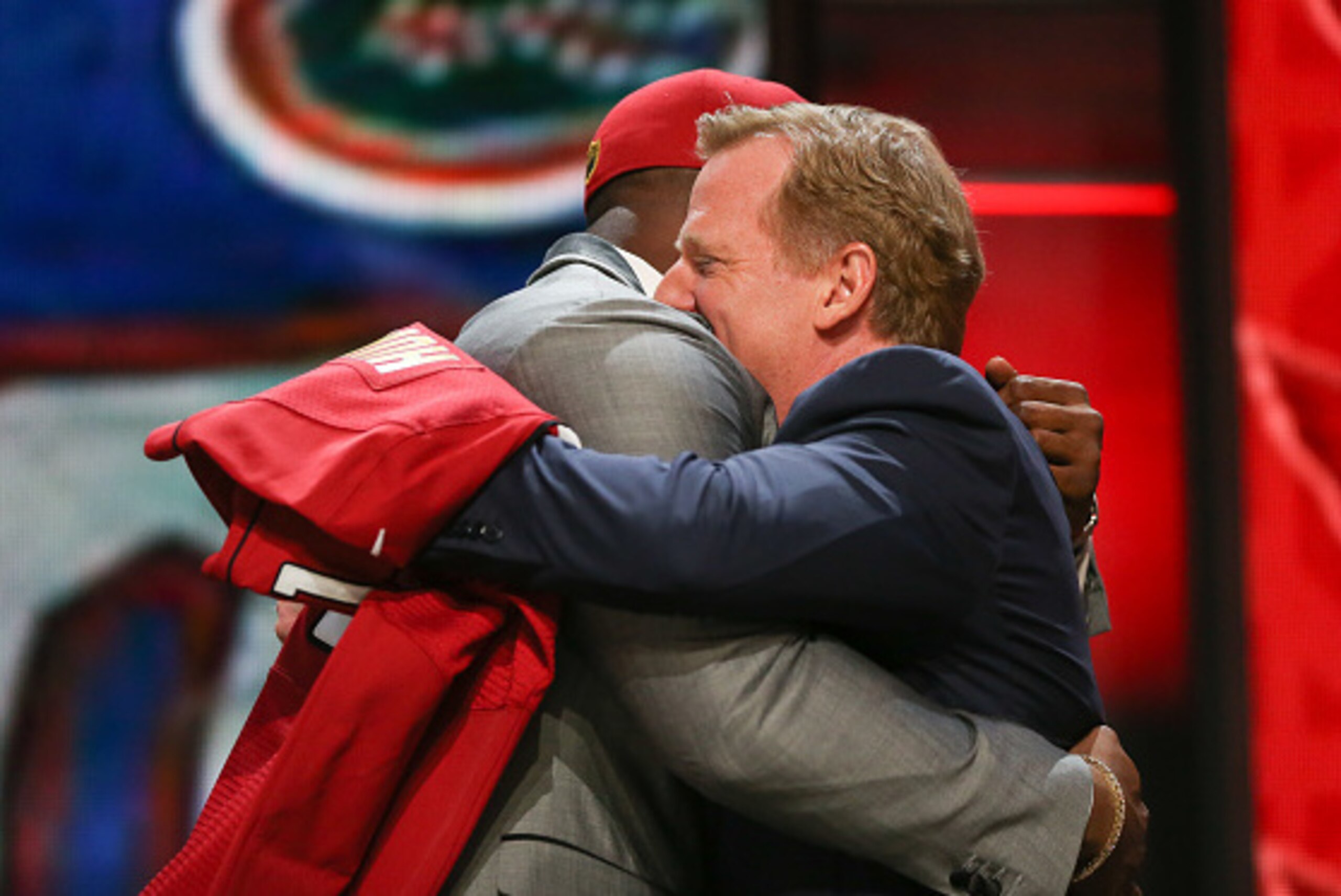 CHICAGO, IL - APRIL 30:  D.J. Humphries of the Florida Gators hugs NFL Commissioner Roger Goodell after being picked #24 overall by the Arizona Cardinals during the first round of the 2015 NFL Draft at the Auditorium Theatre of Roosevelt University on Apr
