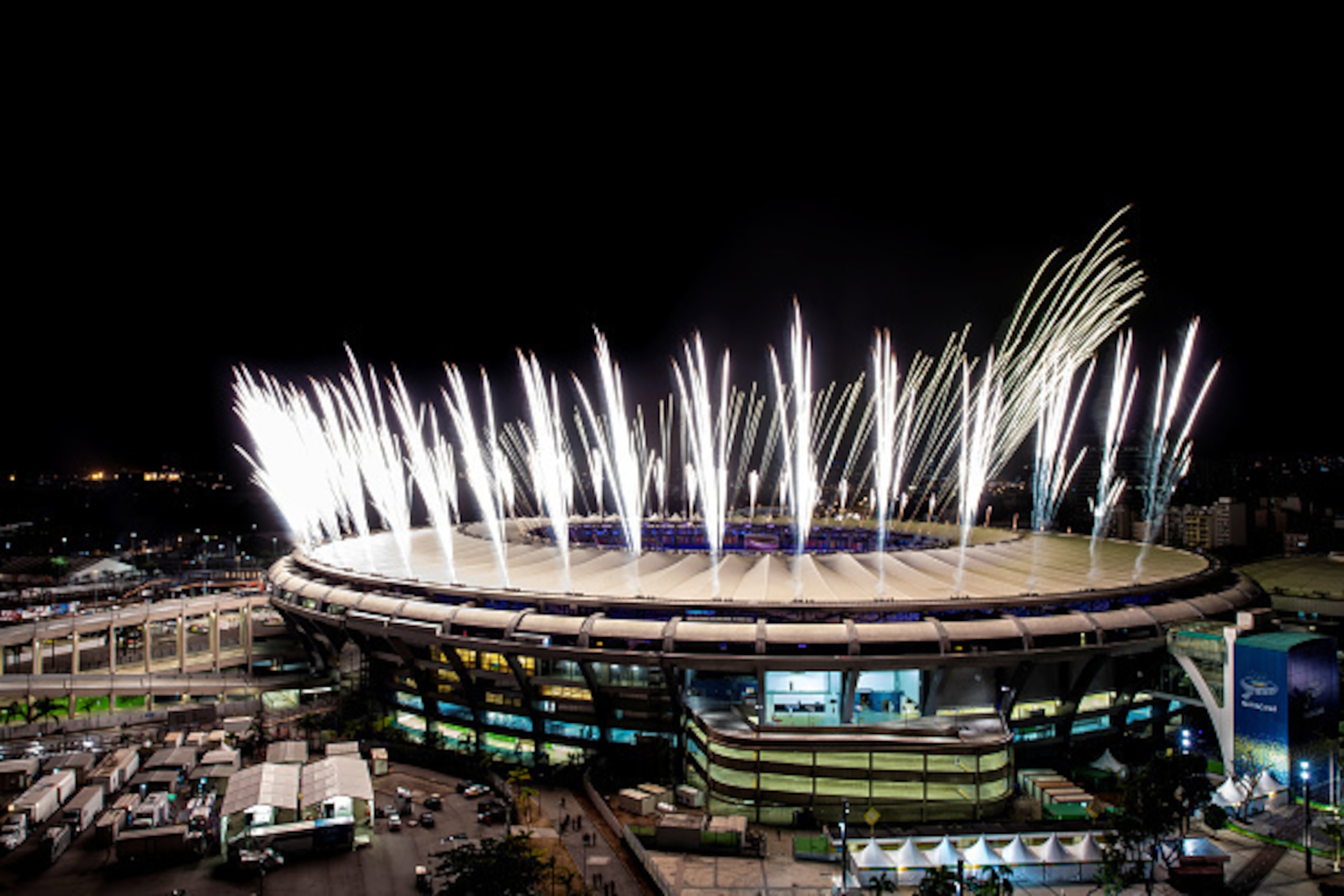 RIO DE JANEIRO, BRAZIL - AUGUST 03: Fireworks explode above the Maracana stadium during the rehearsal of the opening ceremony of the Olympic Games on August 03, 2016 in Rio de Janeiro, Brazil. Rio 2016 will be the first Olympic Games in South America. The