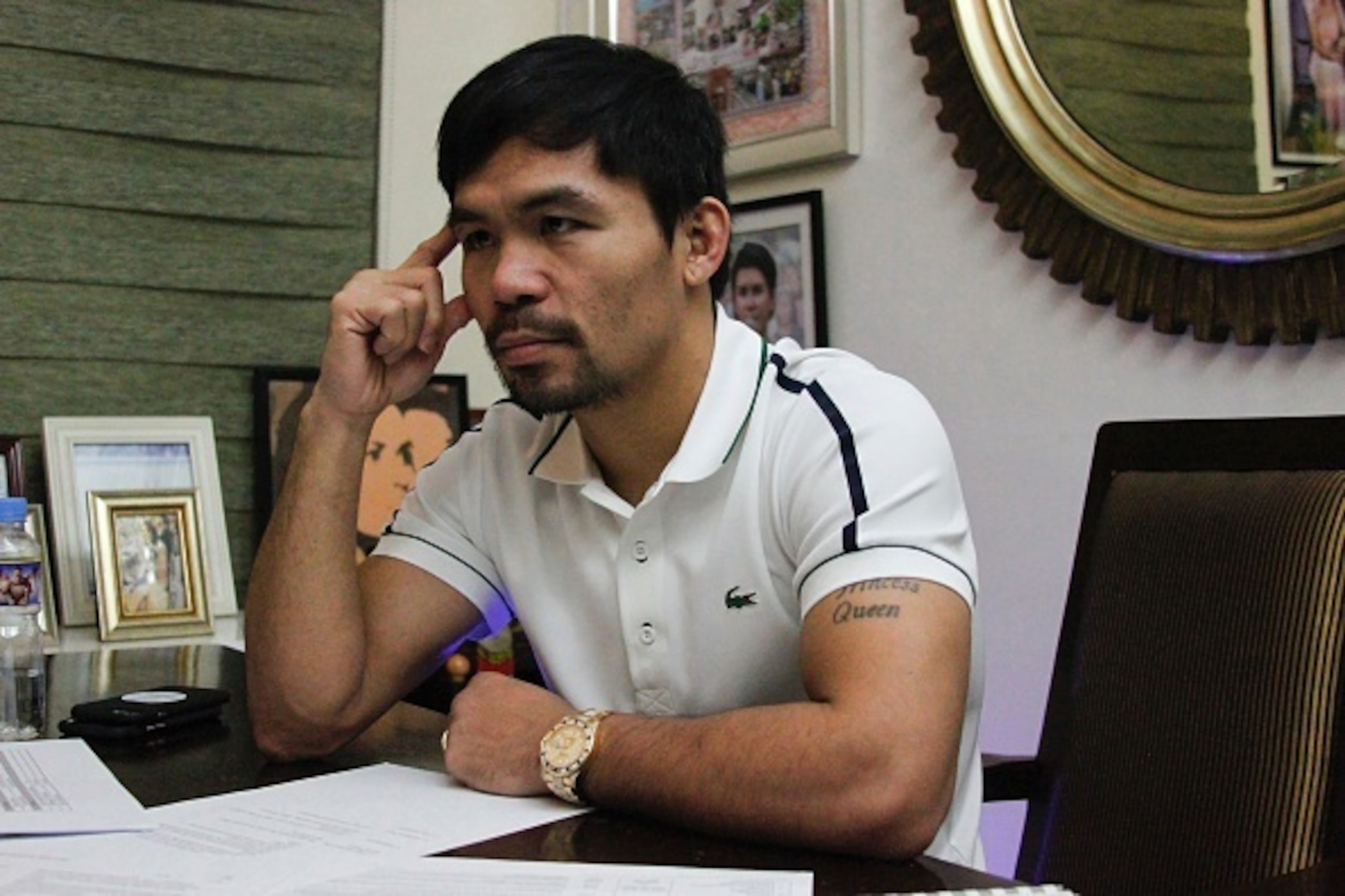 In this picture taken on July 13, 2016, Philippine boxing icon Manny Pacquiao gestures during a media interview at his residence in General Santos City, on the southern island of Mindanao.
Pacquiao has declared he still has the passion for the sport and m