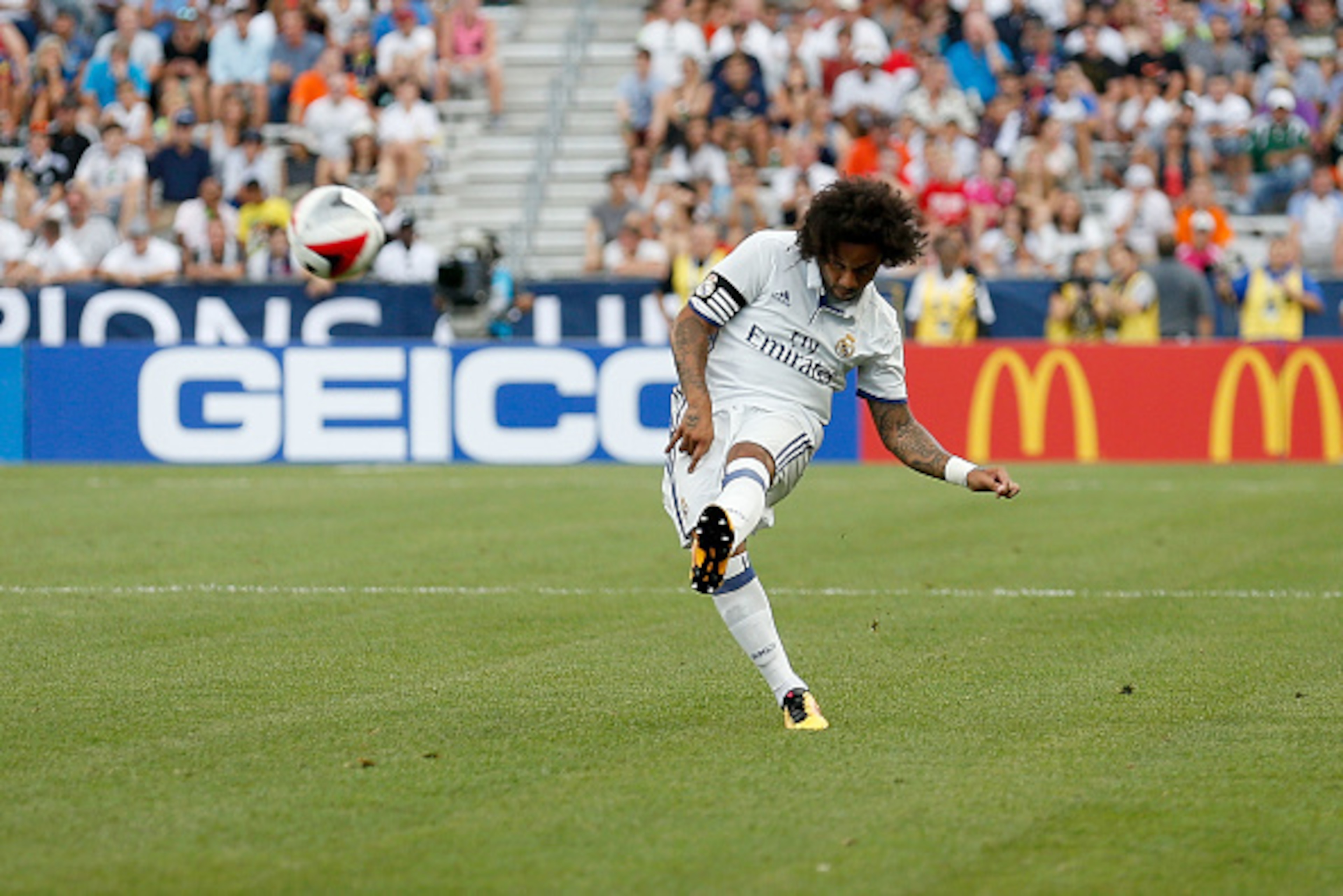 COLUMBUS, OH - JULY 27:  Marcelo #12 of Real Madrid C.F. kicks the ball during the game against Paris Saint-Germain F.C. on July 27, 2016 at Ohio Stadium in Columbus, Ohio. (Photo by Kirk Irwin/Getty Images)