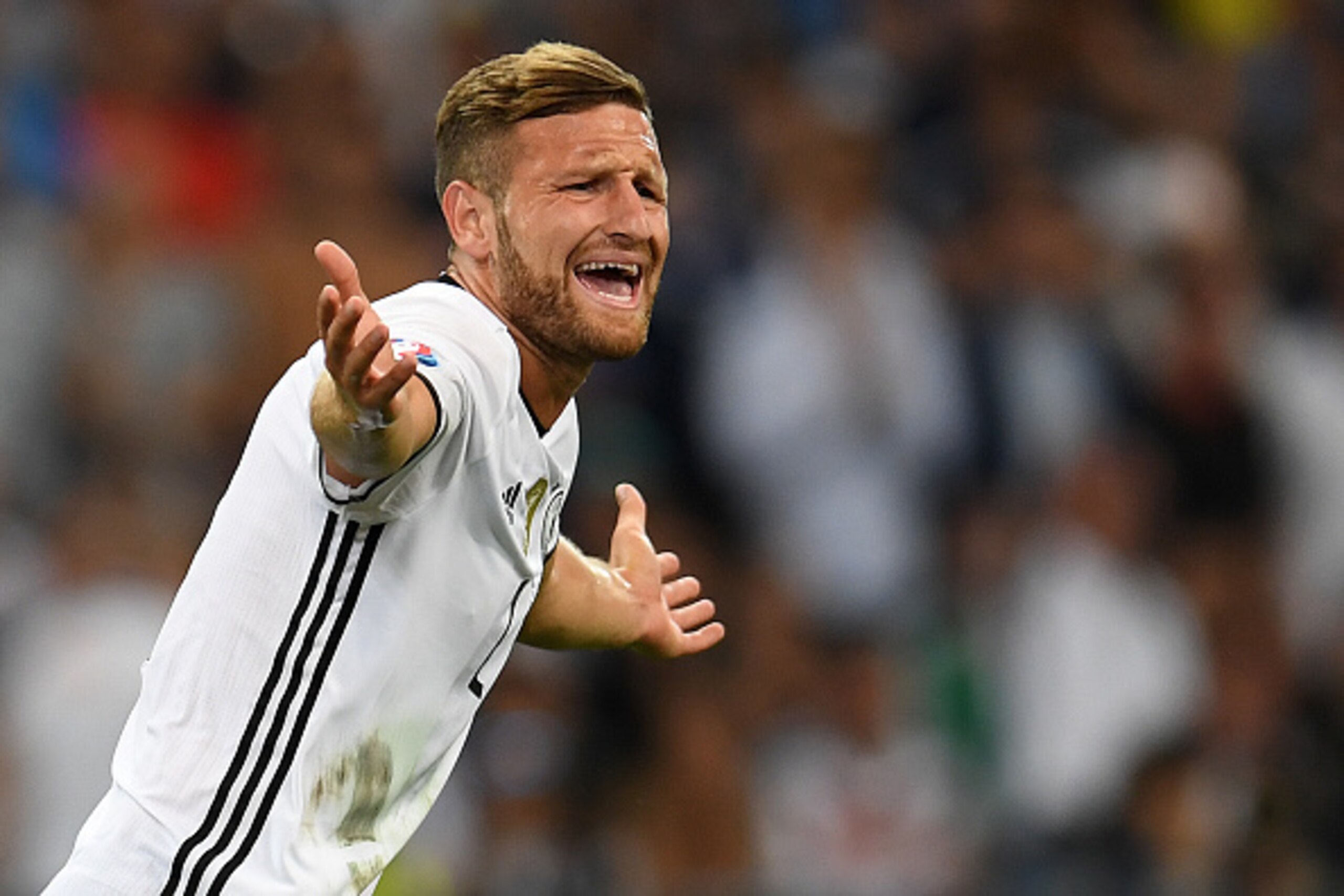 Germany's defender Shkodran Mustafi reacts during the Euro 2016 semi-final football match between Germany and France at the Stade Velodrome in Marseille on July 7, 2016.
 / AFP / PATRIK STOLLARZ        (Photo credit should read PATRIK STOLLARZ/AFP/Getty I