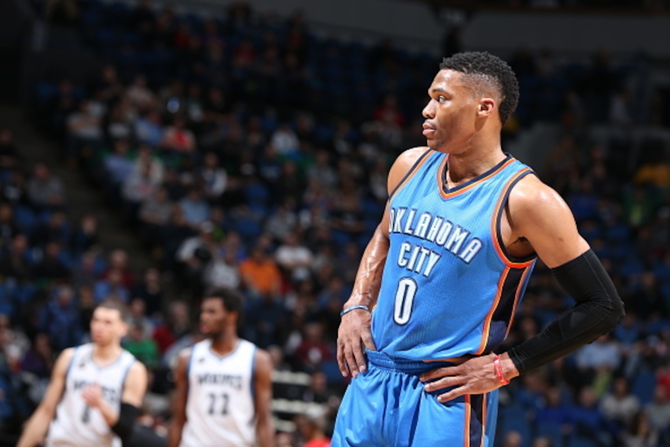 MINNEAPOLIS, MN -  JANUARY 27:  Russell Westbrook #0 of the Oklahoma City Thunder looks on against the Minnesota Timberwolves on January 27, 2016 at Target Center in Minneapolis, Minnesota. NOTE TO USER: User expressly acknowledges and agrees that, by dow
