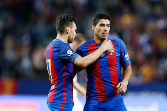 SOLNA, SWEDEN - AUGUST 03: Munir El Haddadi of FC Barcelona and Luis Suarez of FC Barcelona celebrate after Munir El Haddadi scored 0-1 during the International Champions Cup match between Leicester City FC and FC Barcelona at Friends arena on August 3, 2