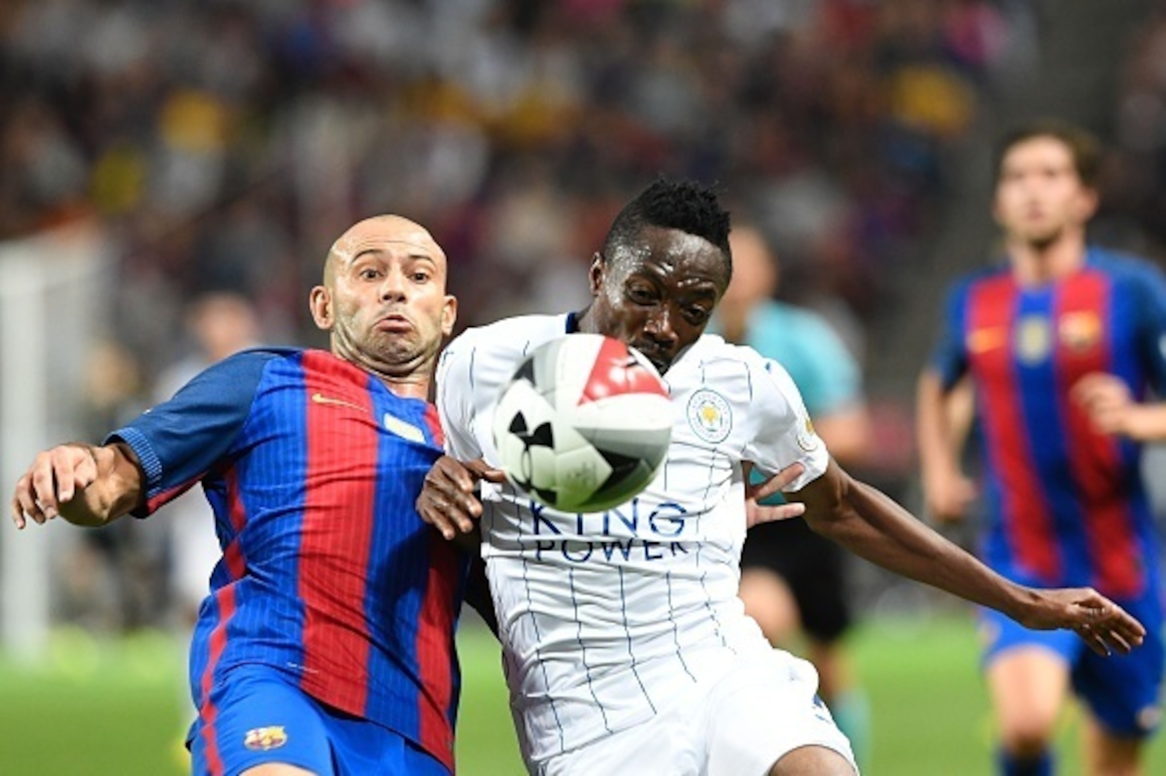 Leicester's Nigerian forward Ahmed Musa (R) vies with Barcelona Argentinian defender Javier Mascherano during the 2016 International Champions Cup friendly football match between FC Barcelona and Leicester City at Friends Arena on August 3, 2016 in Solna Leicester's Nigerian forward Ahmed Musa (R) vies with Barcelona Argentinian defender Javier Mascherano during the 2016 International Champions Cup friendly football match between FC Barcelona and Leicester City at Friends Arena on August 3, 2016 in Solna