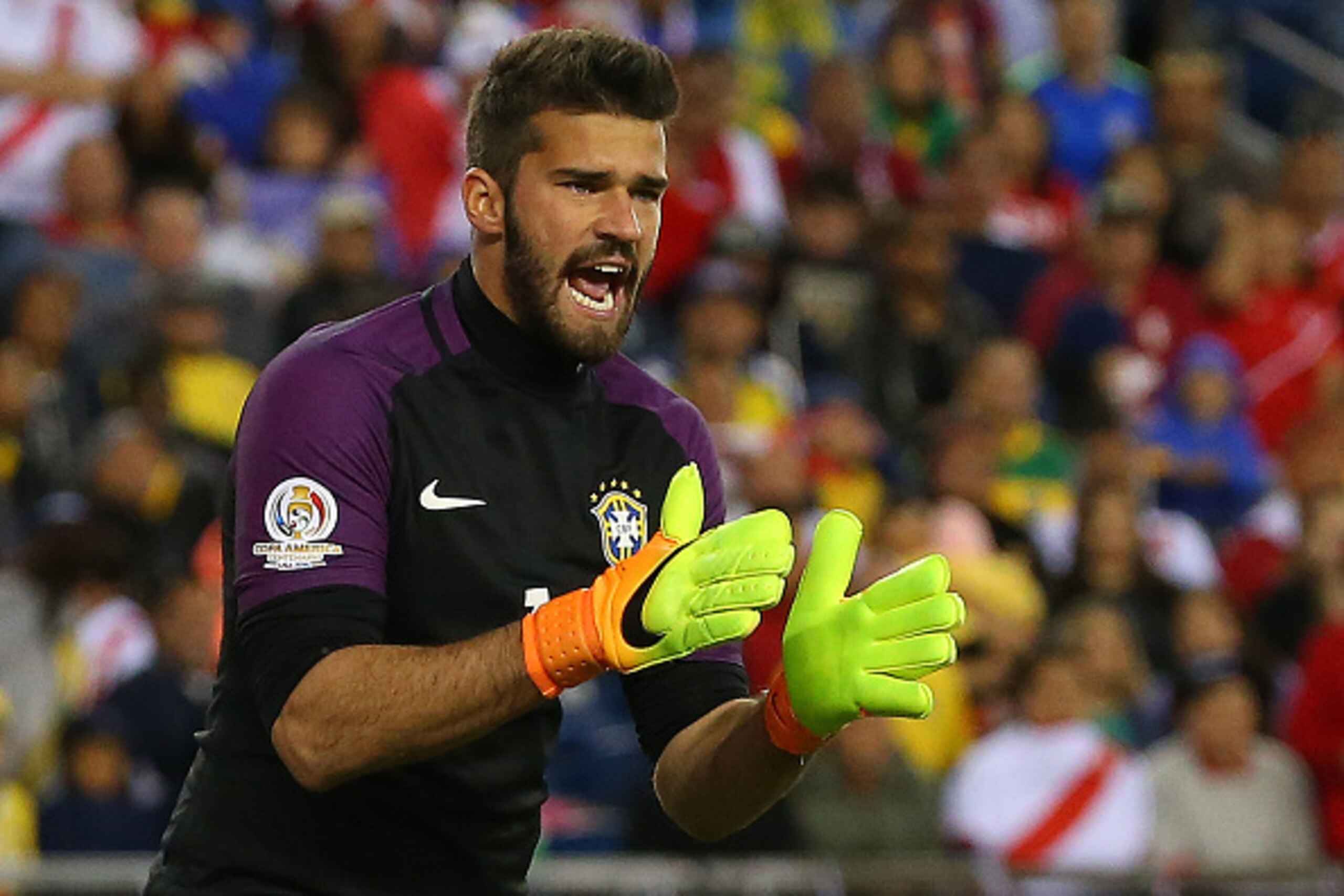 FOXBORO, MA - JUNE 12:  Alisson Becker #1 of Brazil reacts during the 2016 Copa America Centenario Group B match between Brazil and Peru at Gillette Stadium on June 12, 2016 in Foxboro, Massachusetts. (Photo by Jim Rogash/Getty Images)