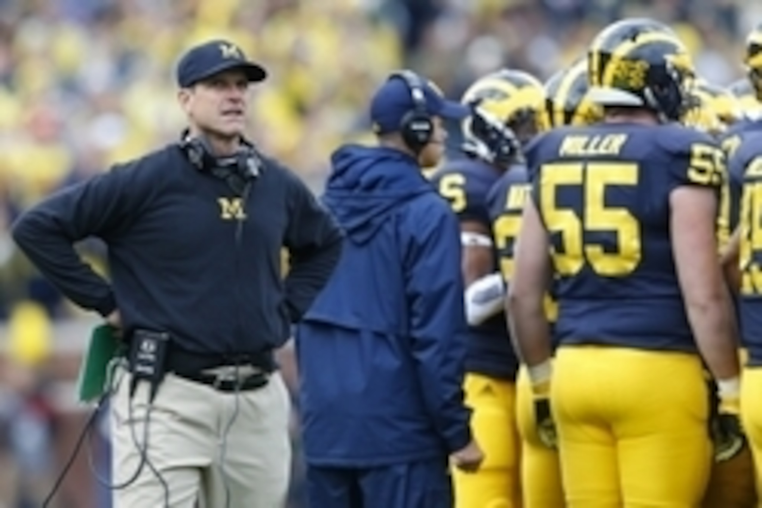 Oct 17, 2015; Ann Arbor, MI, USA; Michigan Wolverines head coach Jim Harbaugh on the sideline against the Michigan State Spartans at Michigan Stadium. Mandatory Credit: Rick Osentoski-USA TODAY Sports