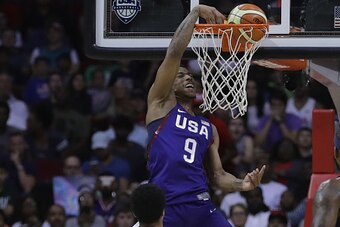 HOUSTON, TX - AUGUST 01:  DeMar DeRozan #9 of the United States makes a slam dunk against Nigeria in a pre-Olympic exhibition game during USA Basketball Showcase at Toyota Center on August 1, 2016 in Houston, Texas.  (Photo by Ronald Martinez/Getty Images