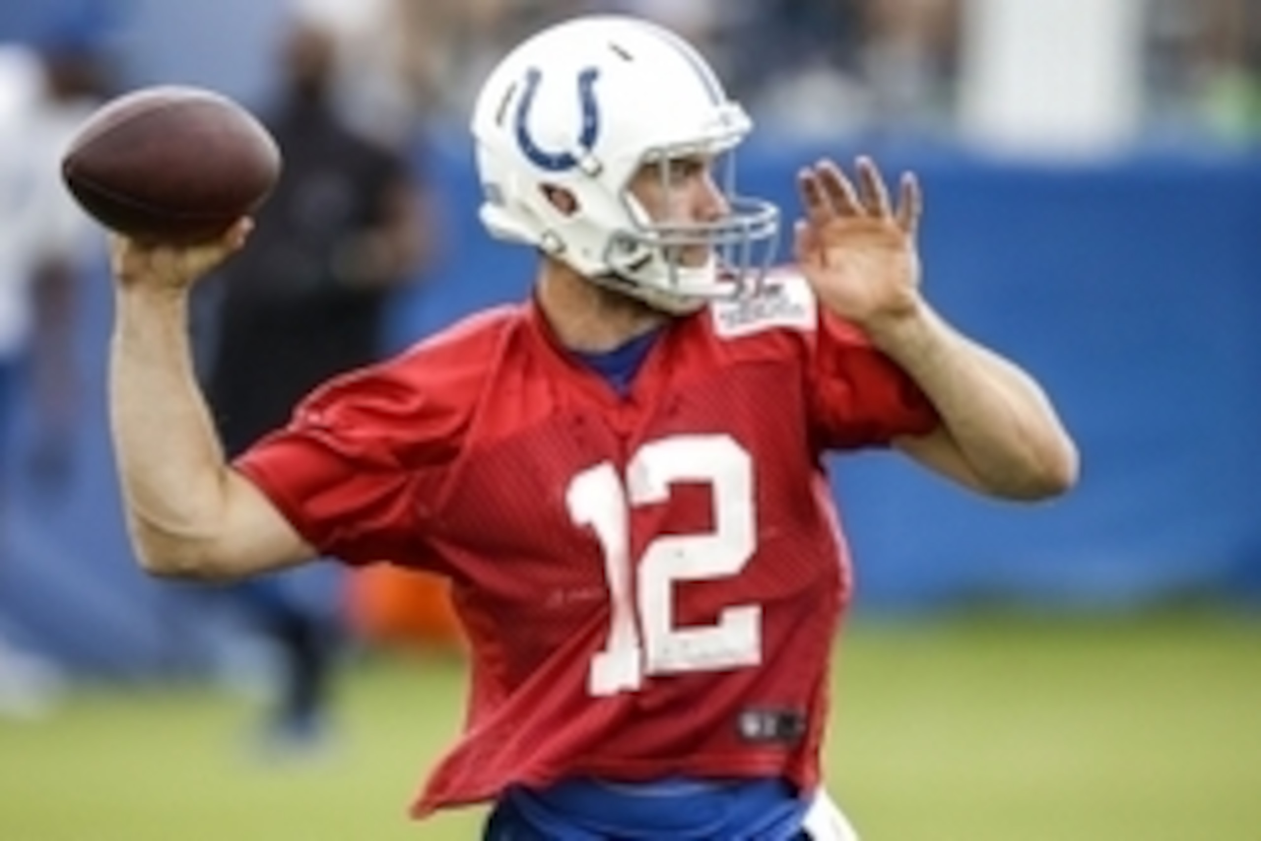 Jul 28, 2016; Anderson, IN, USA; Indianapolis Colts quarterback Andrew Luck (12) drops back to pass during the Indianapolis Colts NFL training camp at Anderson University. Mandatory Credit: Mykal McEldowney/Indy Star via USA TODAY NETWORK Jul 28, 2016; Anderson, IN, USA; Indianapolis Colts quarterback Andrew Luck (12) drops back to pass during the Indianapolis Colts NFL training camp at Anderson University. Mandatory Credit: Mykal McEldowney/Indy Star via USA TODAY NETWORK