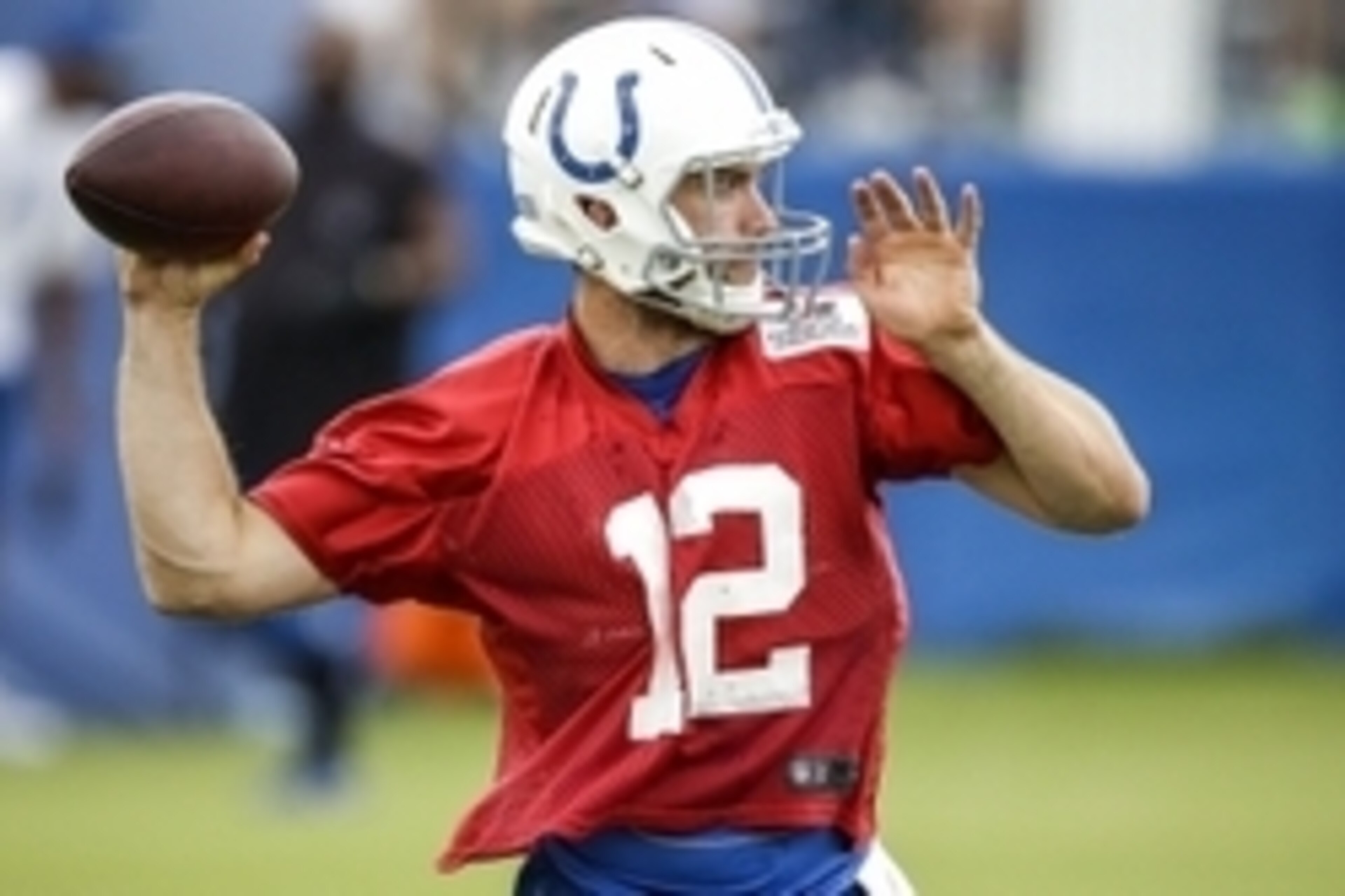 Jul 28, 2016; Anderson, IN, USA; Indianapolis Colts quarterback Andrew Luck (12) drops back to pass during the Indianapolis Colts NFL training camp at Anderson University. Mandatory Credit: Mykal McEldowney/Indy Star via USA TODAY NETWORK