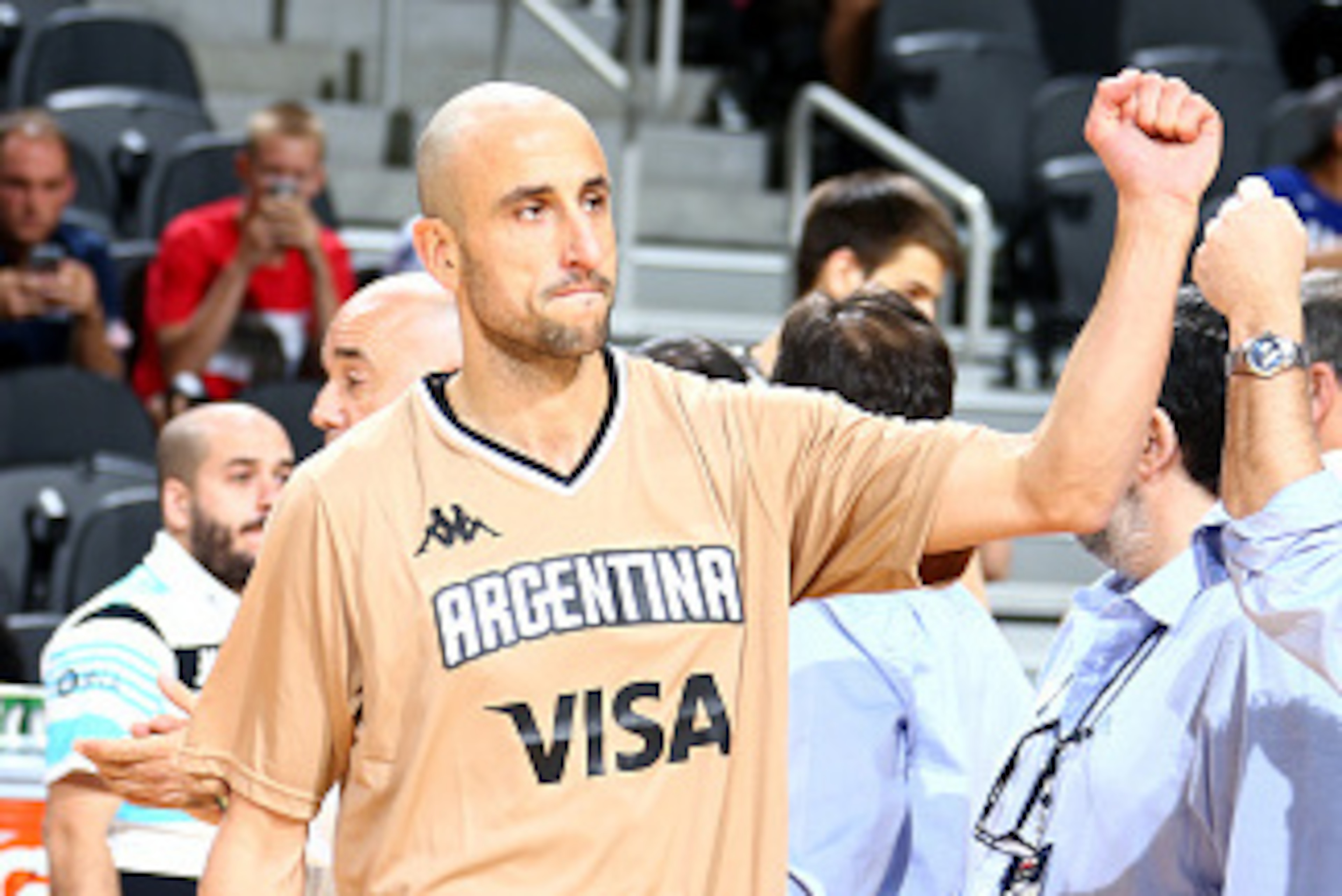 LAS VEGAS, NV - JULY 22:  Manu Ginobili #5 of Argentina is introduced before the game against the USA Basketball Men's National Team on July 22, 2016 at T-Mobile Arena in Las Vegas, Nevada. NOTE TO USER: User expressly acknowledges and agrees that, by dow