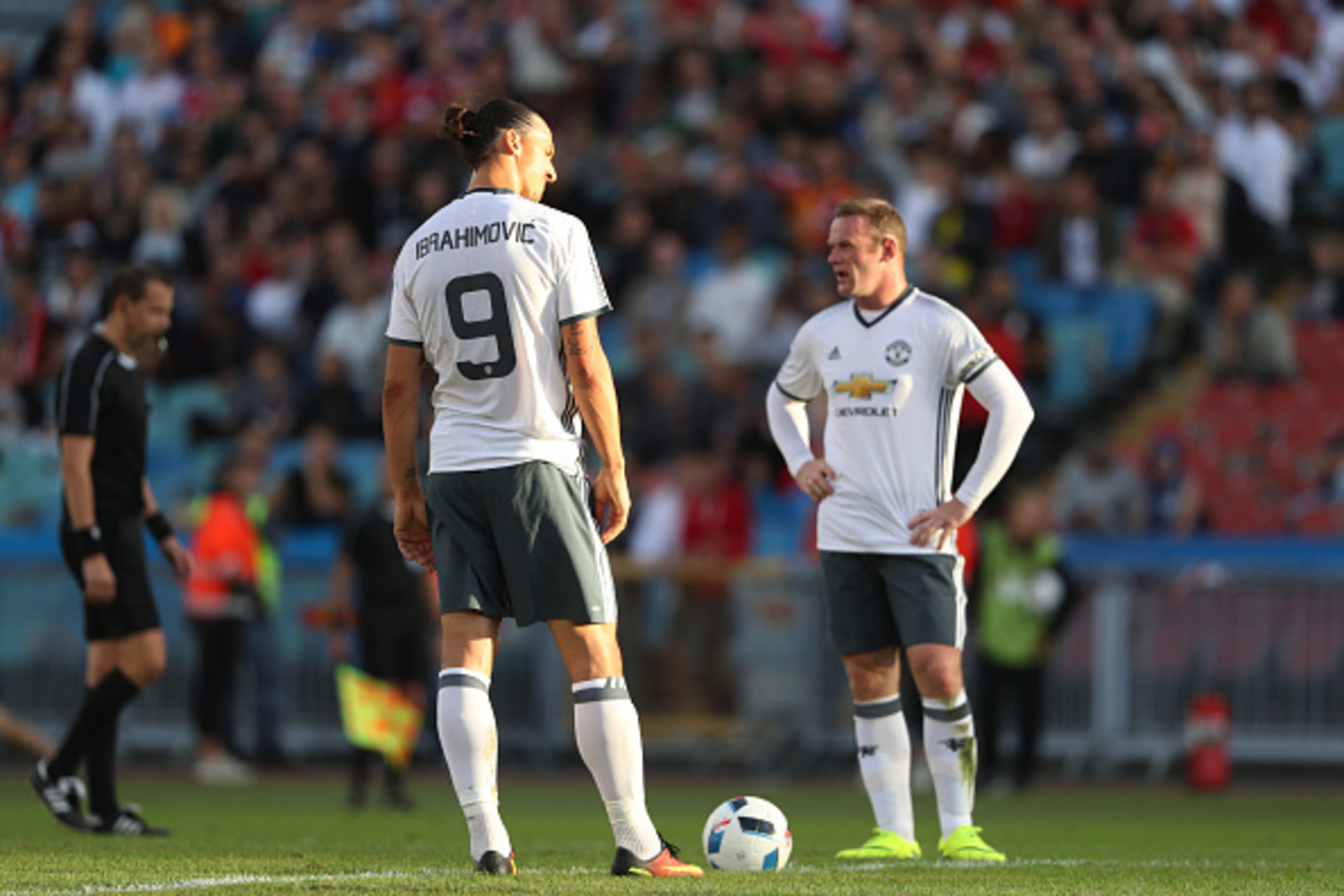 GOTHENBURG, SWEDEN - JULY 30: Zlatan Ibrahimovic of Manchester United awaits to restart the game with Wayne Rooney after Galatasaray scored to make it 1-2 during the Pre-Season Friendly match between Manchester United and Galatasaray at Ullevi on July 30,