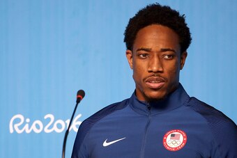 RIO DE JANEIRO, BRAZIL - AUGUST 04:  DeMar DeRozan of the United States speaks with the media during a press conference at the Main Press Centre ahead of the Rio 2016 Olympic Games on August 4, 2016 in Rio de Janeiro, Brazil.  (Photo by Chris Graythen/Get