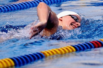 SAN ANTONIO, TX - JULY 16:  Katie Ledecky trains during the 2016 U.S. Olympic Swimming Team Training Camp Media Day on July 16, 2016 in San Antonio, Texas.  (Photo by Ronald Martinez/Getty Images)