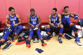 LAS VEGAS, NV - JULY 19:  DeMar DeRozan, Kyrie Irving, Kyle Lowry and Jimmy Butler of the USA Men's National Team get ready before practice on July 19, 2016 at Mendenhall Center on the University of Nevada, Las Vegas campus in Las Vegas, Nevada. NOTE TO U